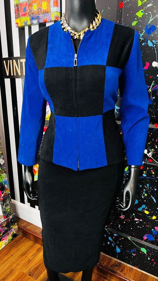 Vintage Color Block Blue & Black Skirt Suit (16W)