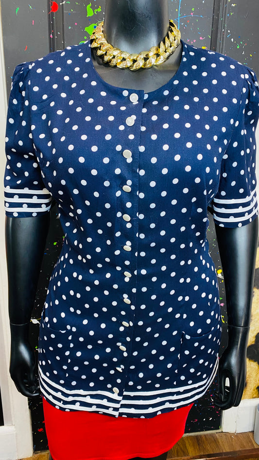 Vintage Navy Blue & White Striped & Polka Dot Blouse (18)