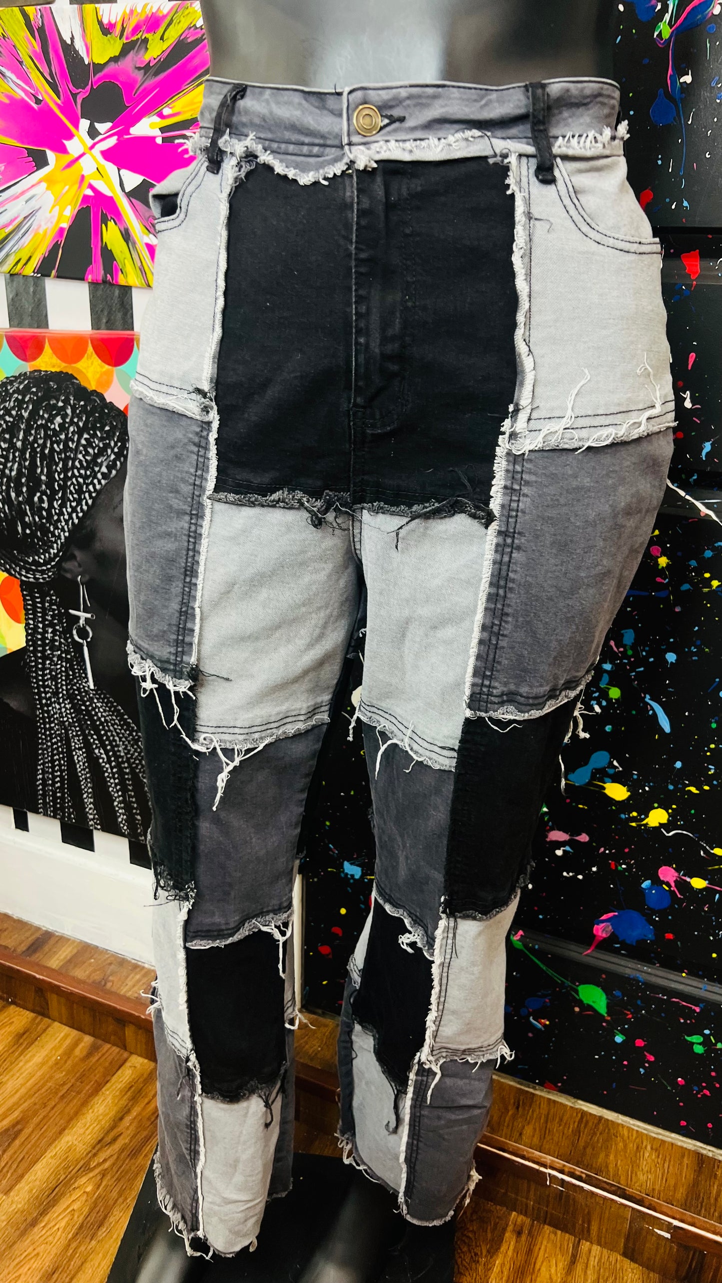 Patchwork Grey & Black Denim Stretch Jeans (16)