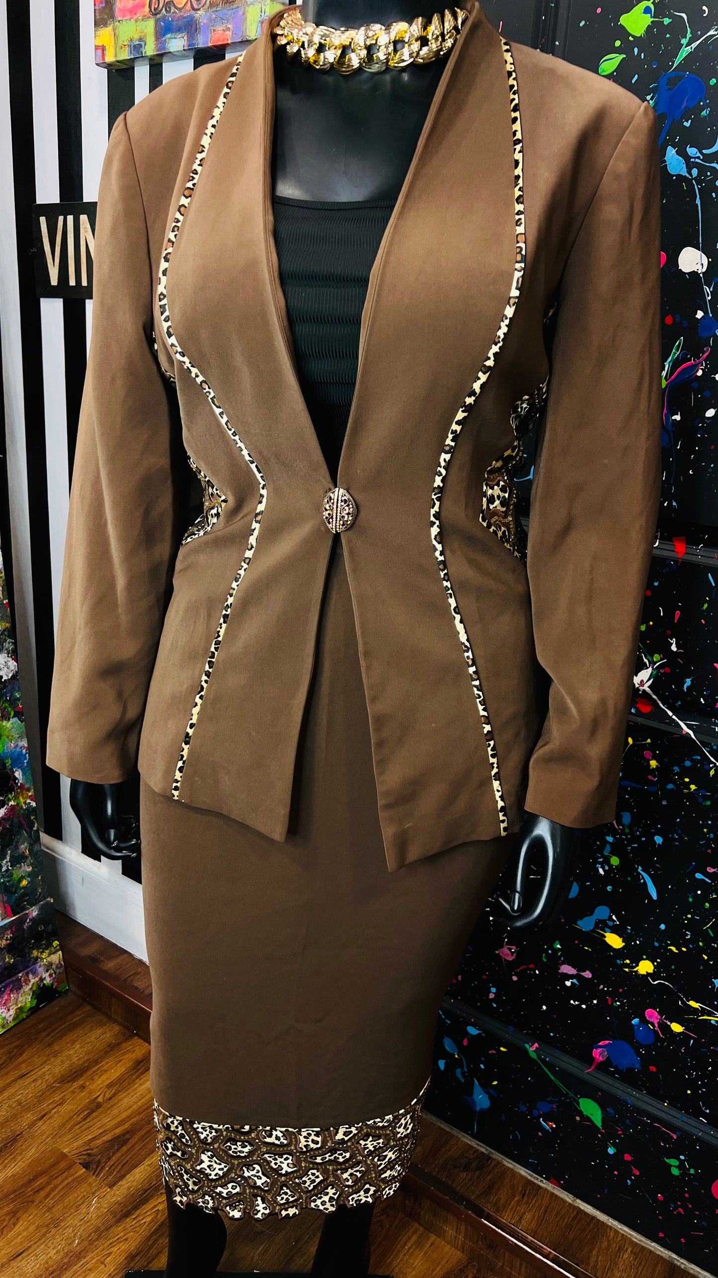 Vintage Chocolate & Animal Print Skirt Suit (18)