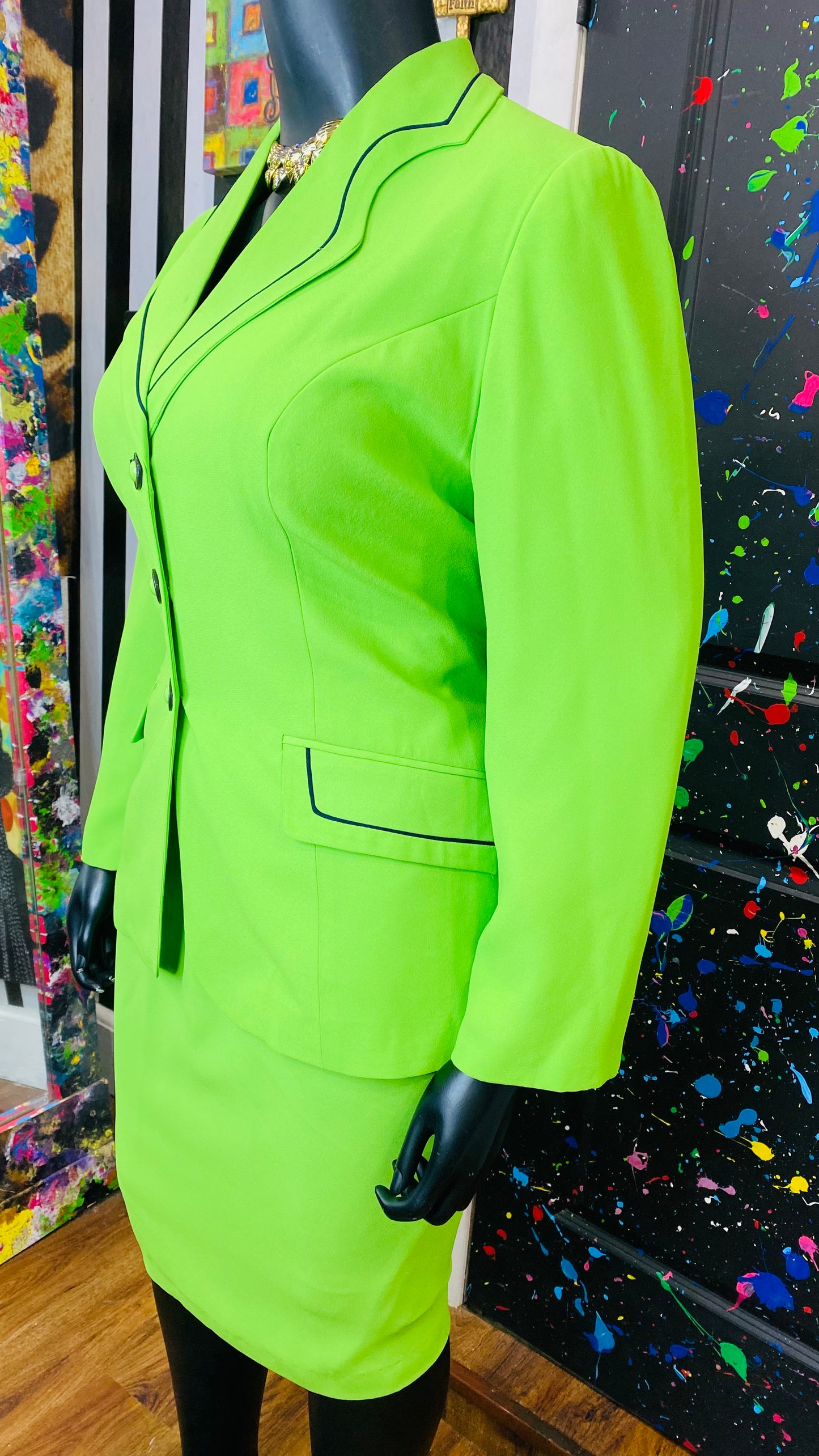 Vintage Green & Navy Blue Trim Skirt Suit (14W)