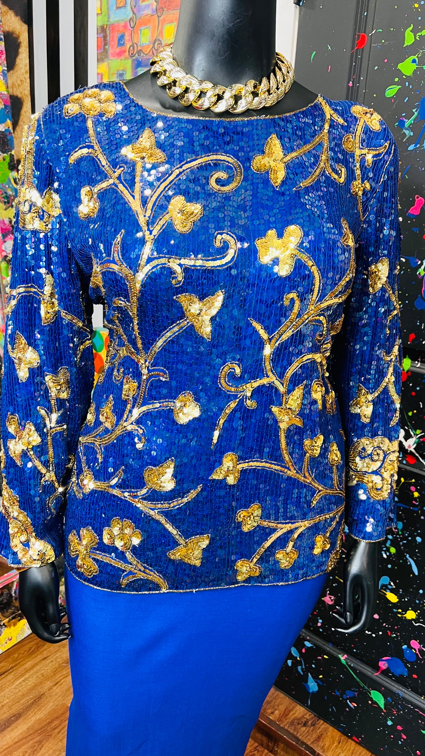 Vintage Blue & Gold Sequin Blouse (14)