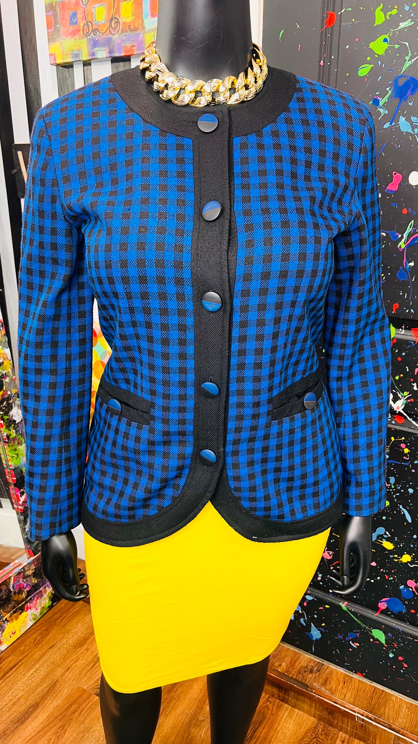 Vintage Leslie Fay Checkered Blue & Black Blazer (14)
