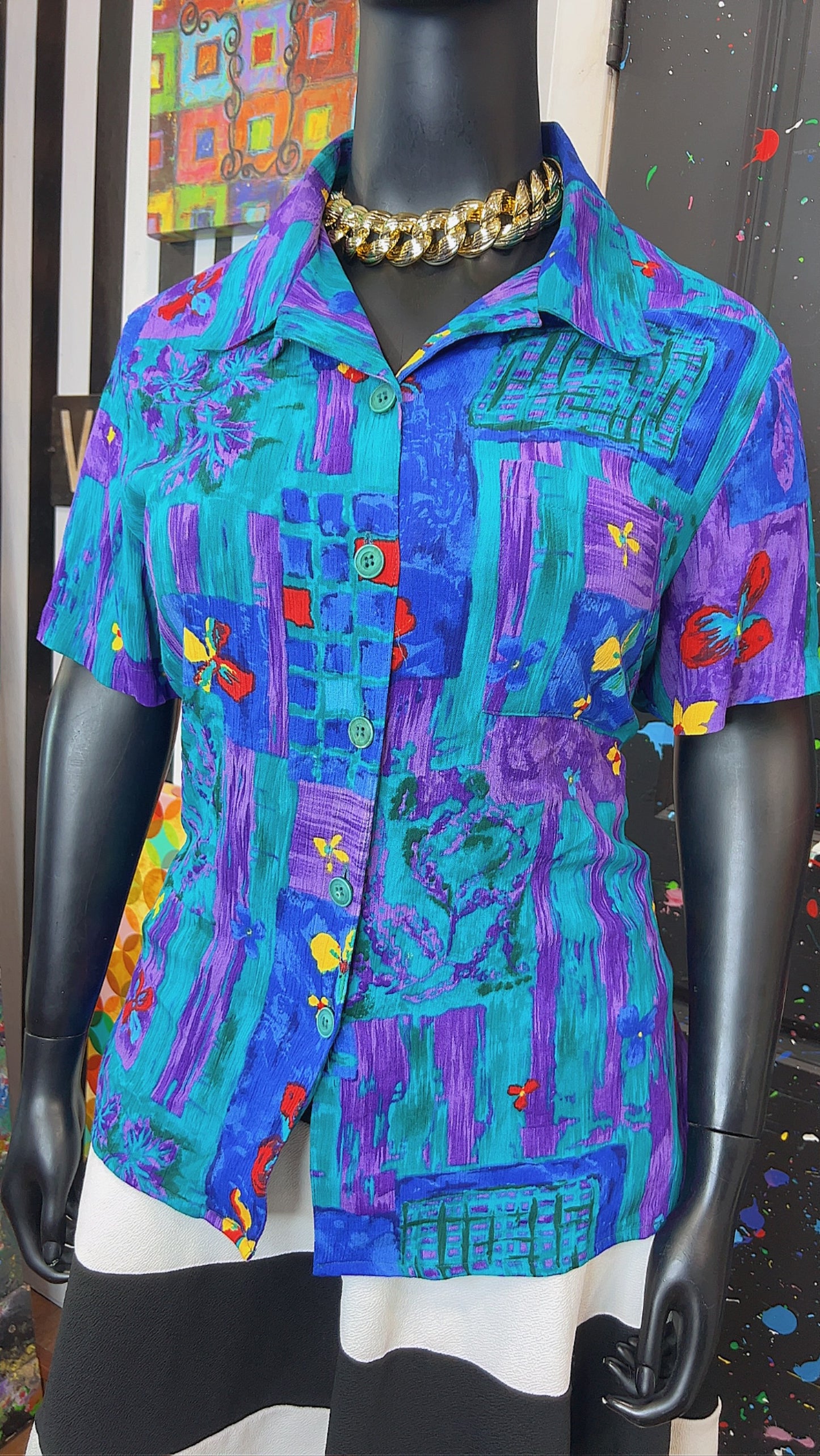 Vintage Rayon Watercolor Floral Blouse (22)