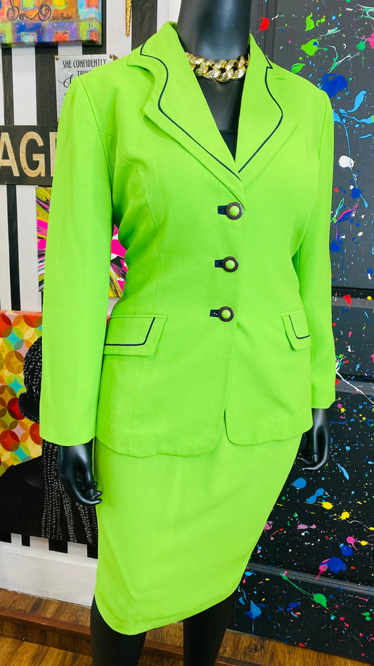 Vintage Green & Navy Blue Trim Skirt Suit (14W)