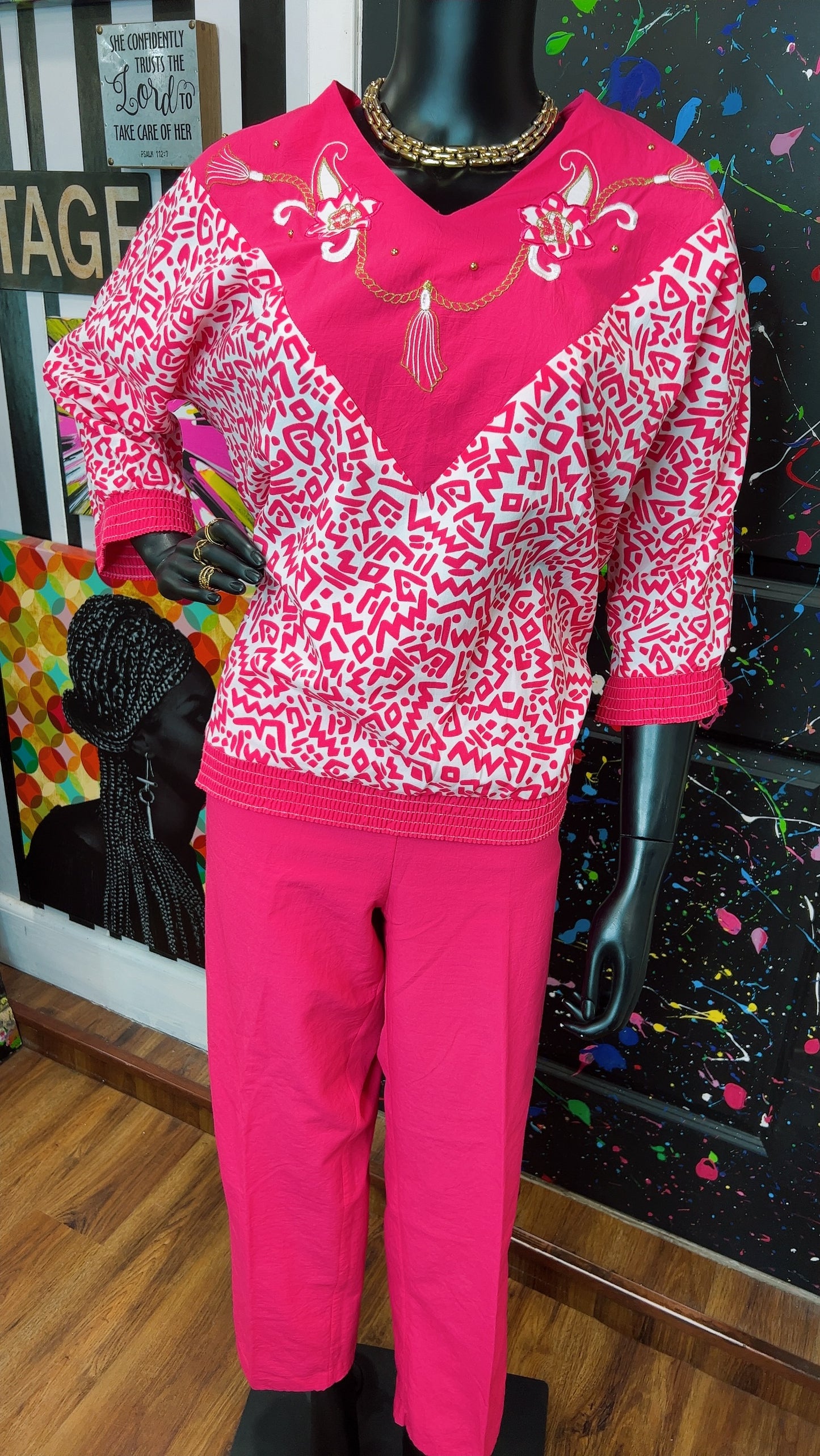 Vintage Pink & White Bonnie Pants Set (12/14)
