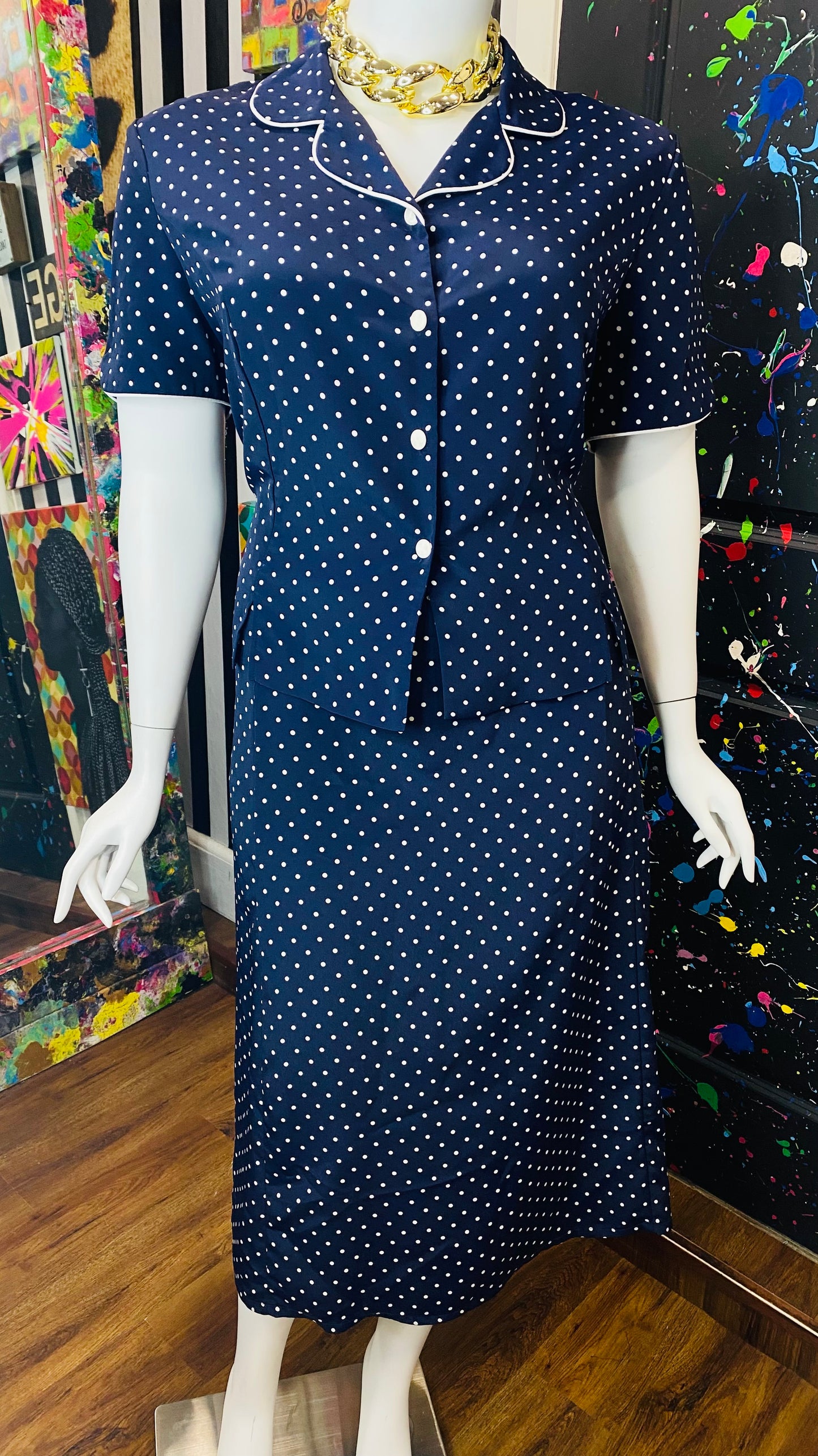 Vintage Navy Blue & White Polka Dot Skirt Set (22)
