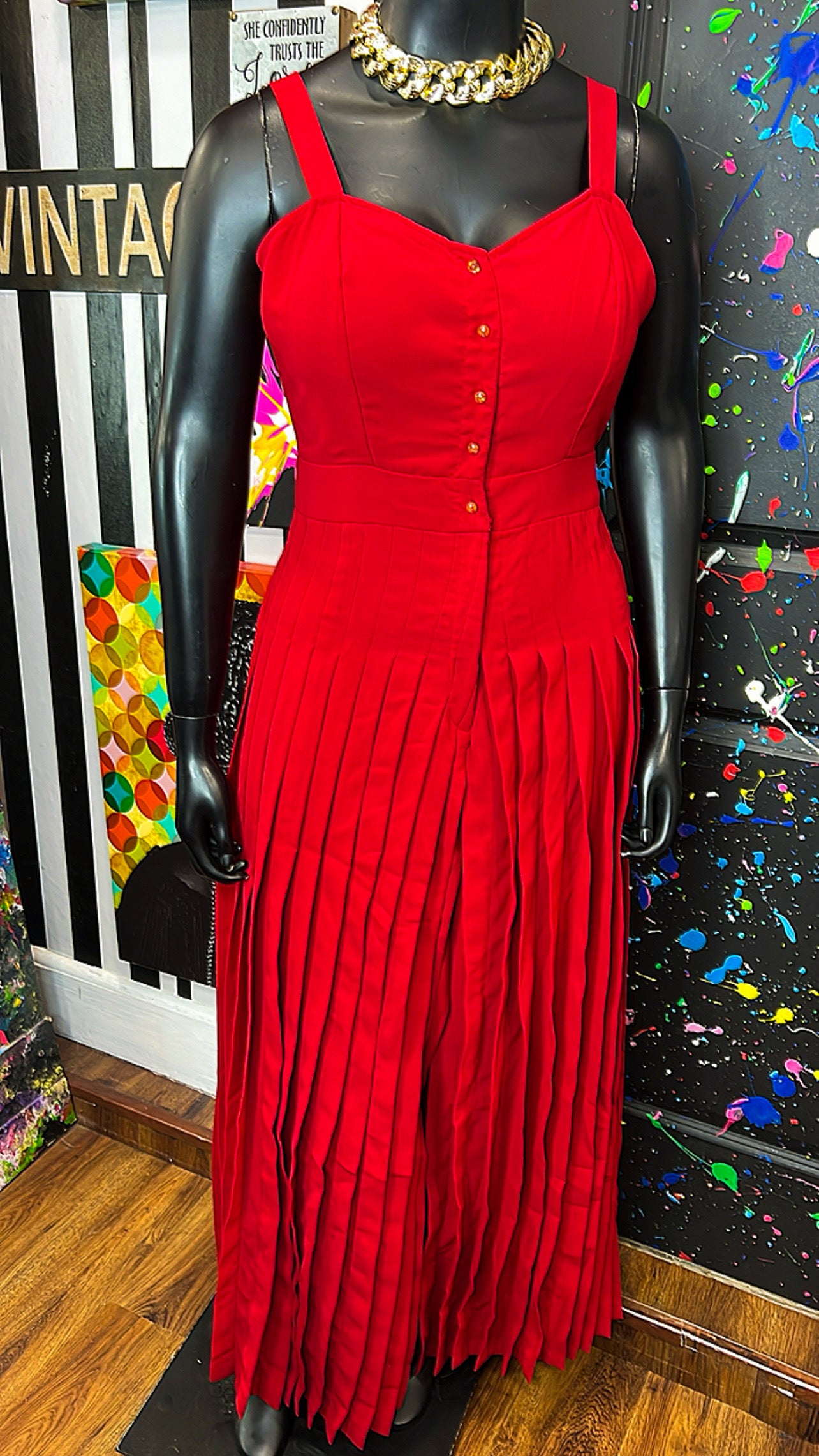 Vintage Red Pleated Pants Jumpsuit (14/16)