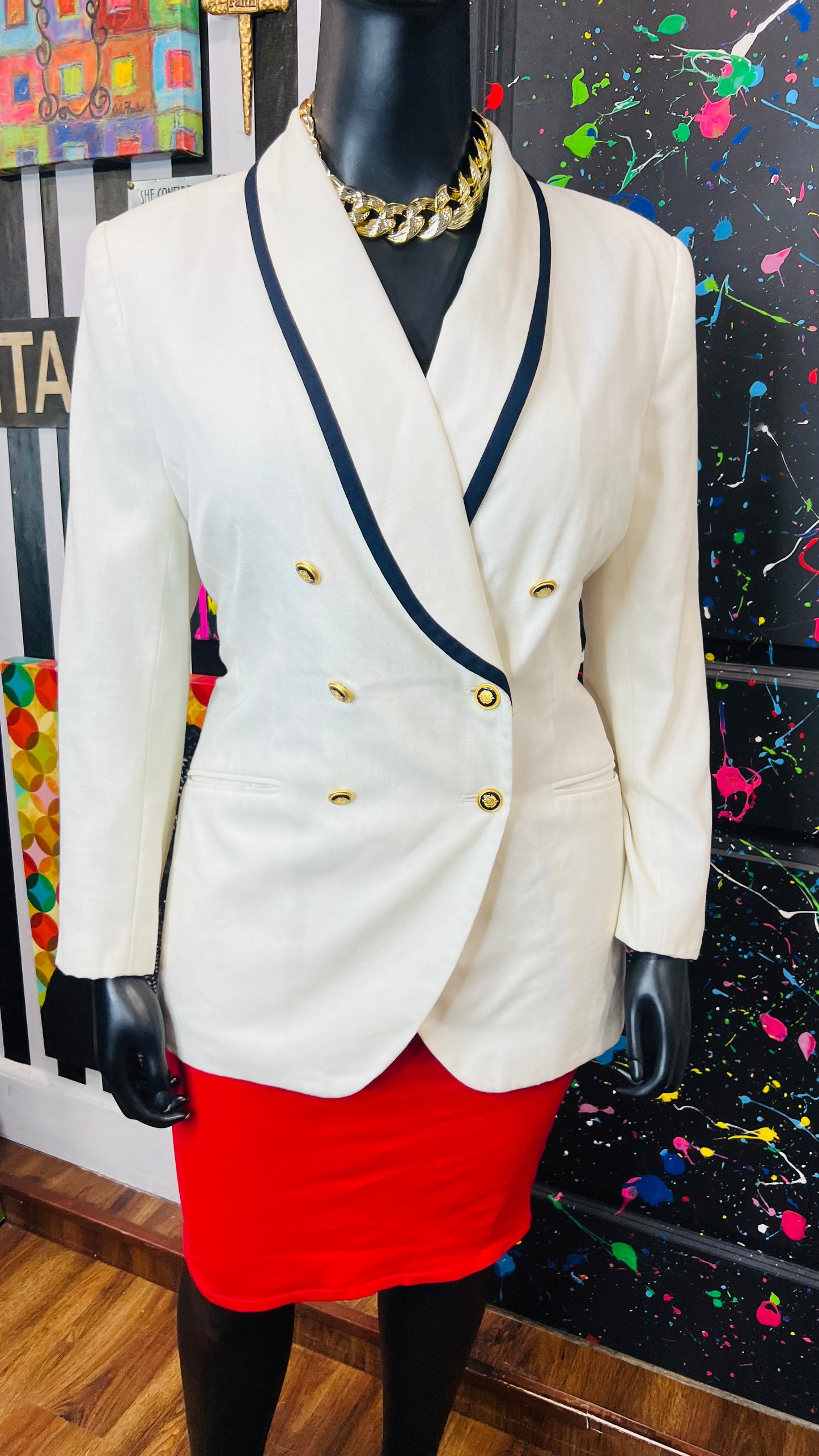 Vintage Cream Navy Blue & Gold Blazer (18W)