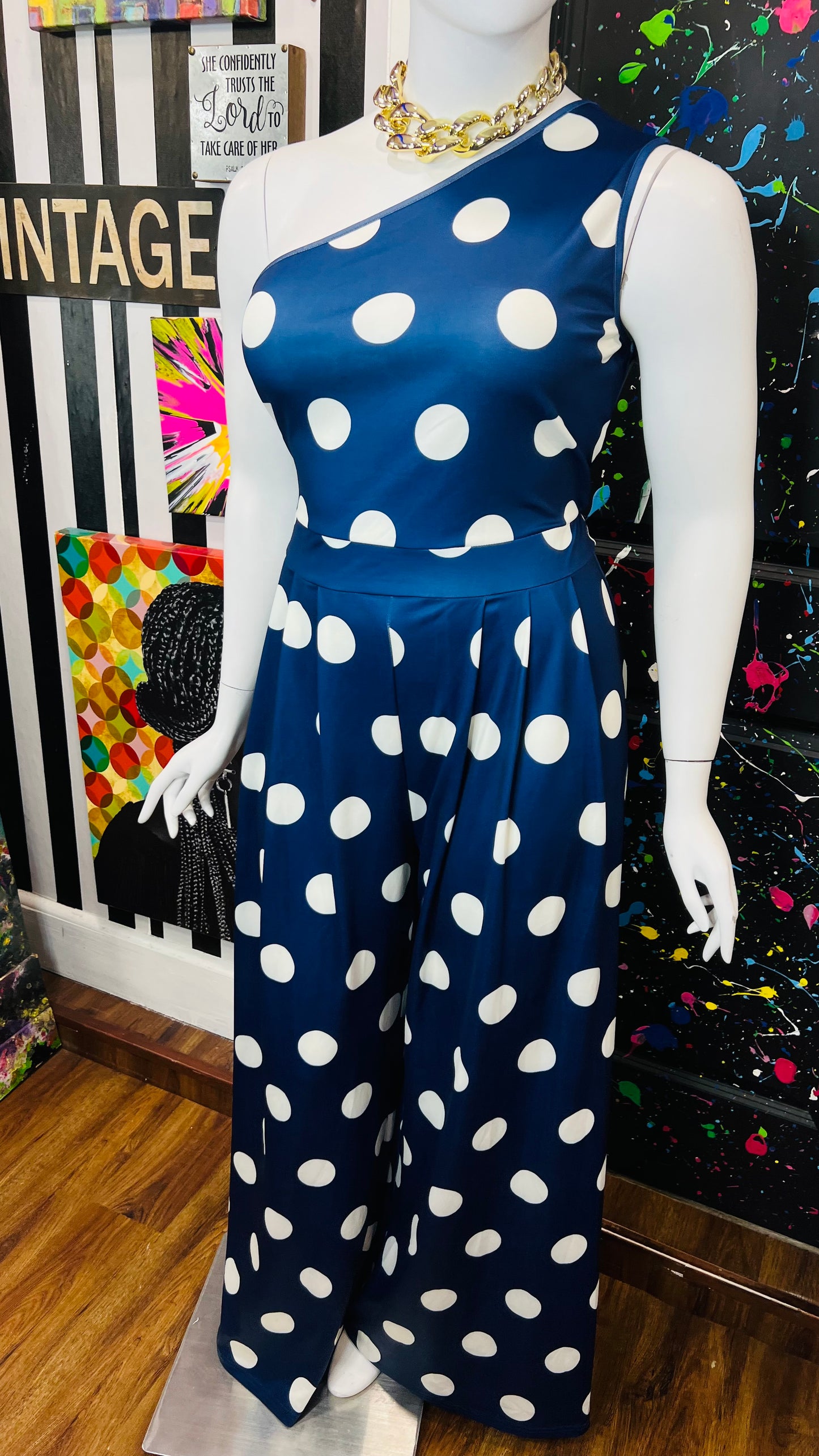 Vintage Inspired New w/ Tags Navy Blue & White Polka Dot Jumpsuit (18/20)