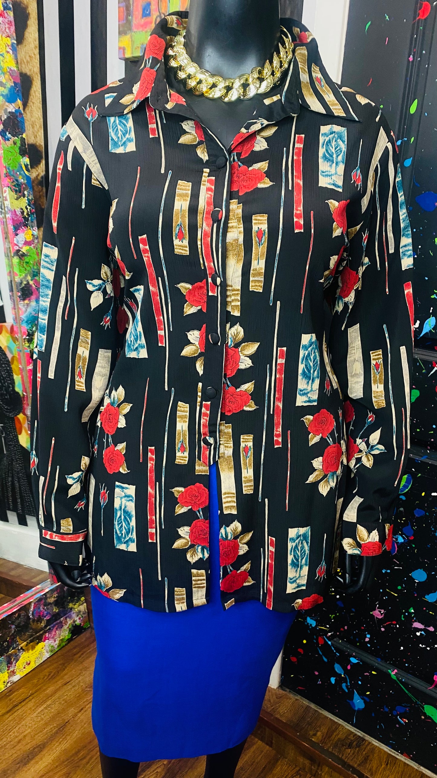 Vintage Black Blue & Red Rose Blouse (22)
