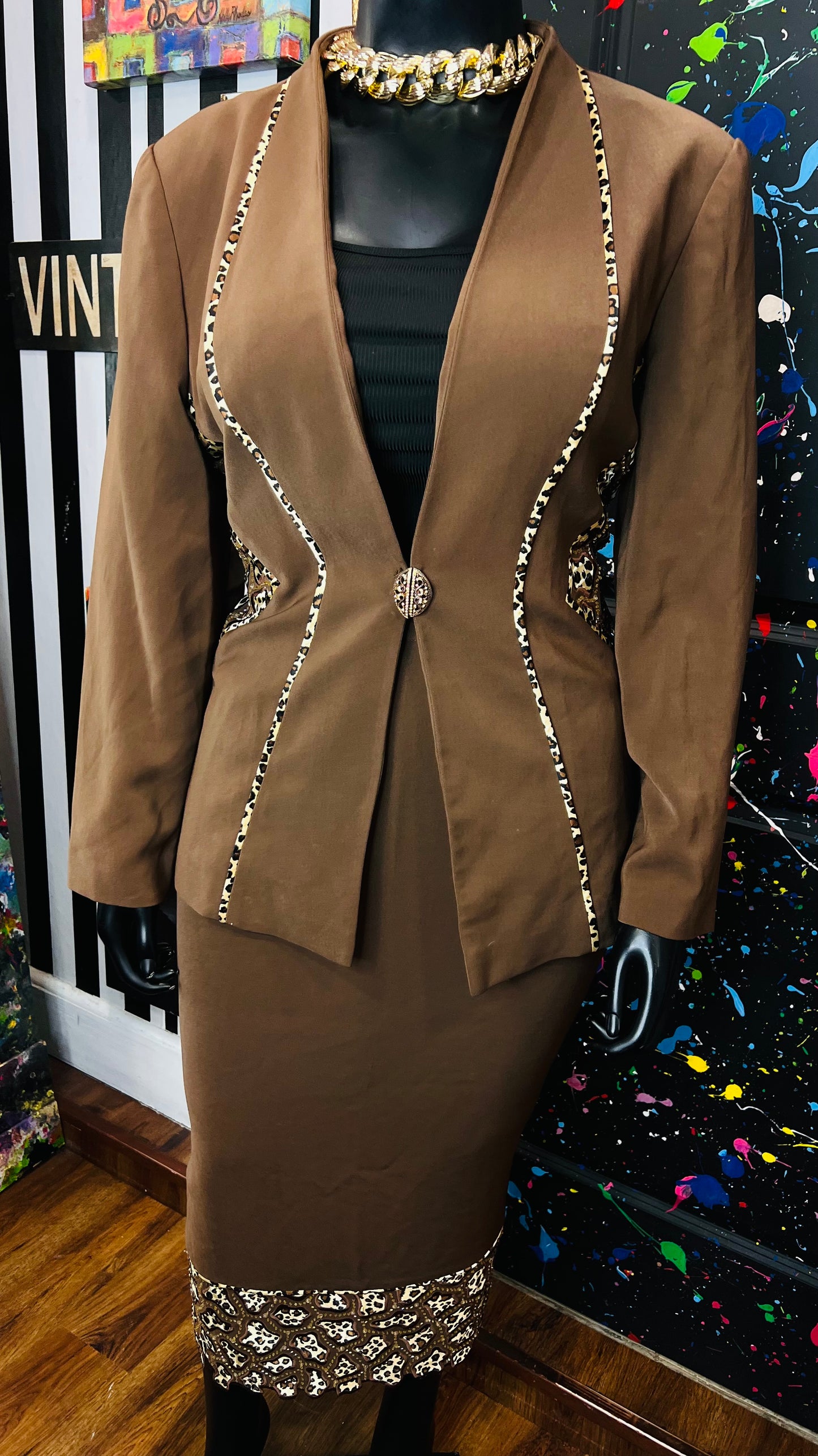 Vintage Chocolate & Animal Print Skirt Suit (18)