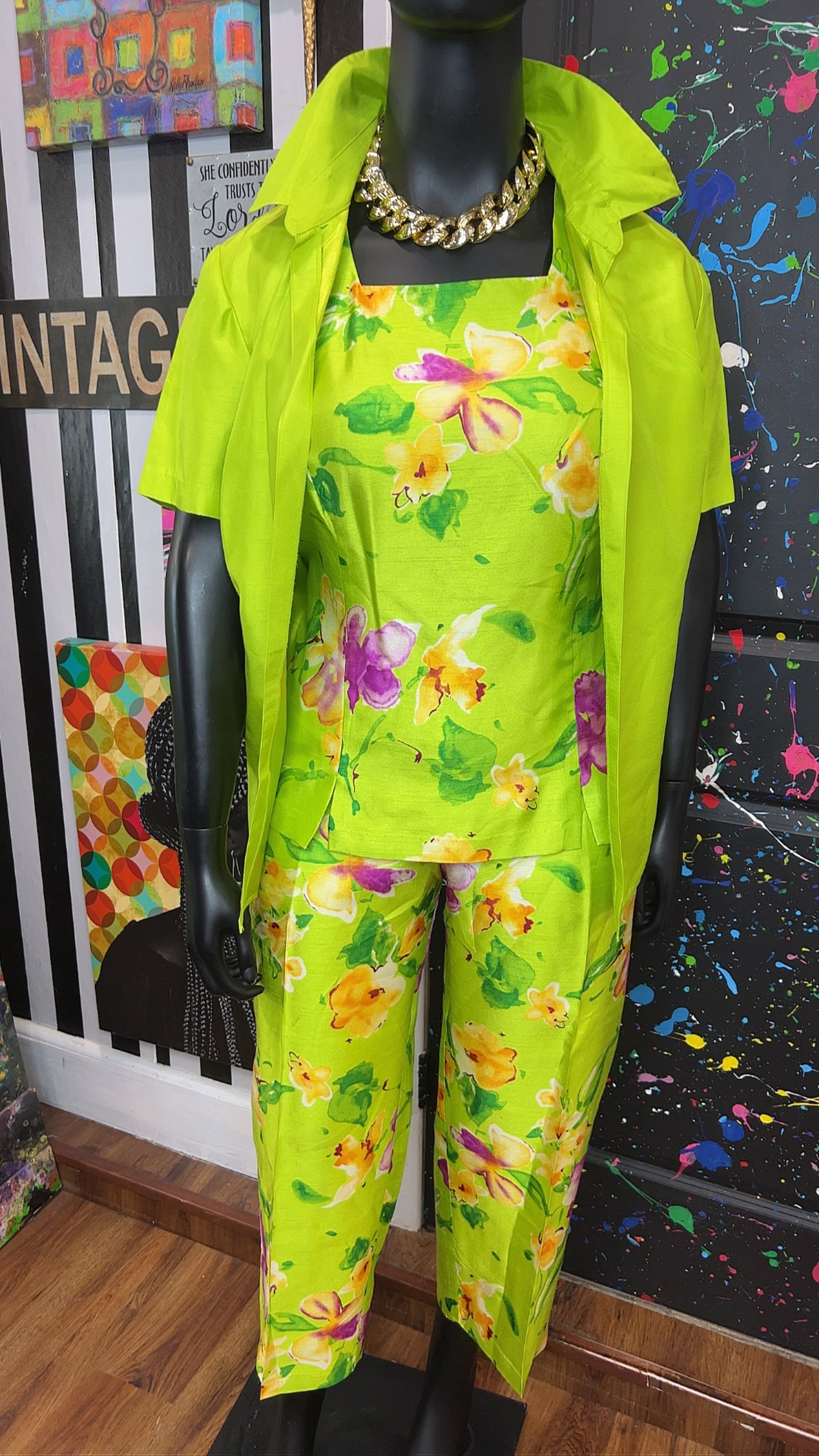Vintage Green & Floral 3 Piece Pants Set (18W)