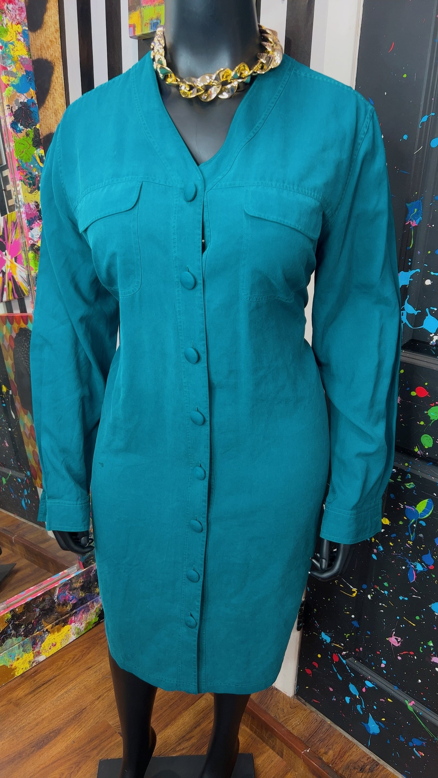 Vintage 100% Silk Teal Dress (18W)