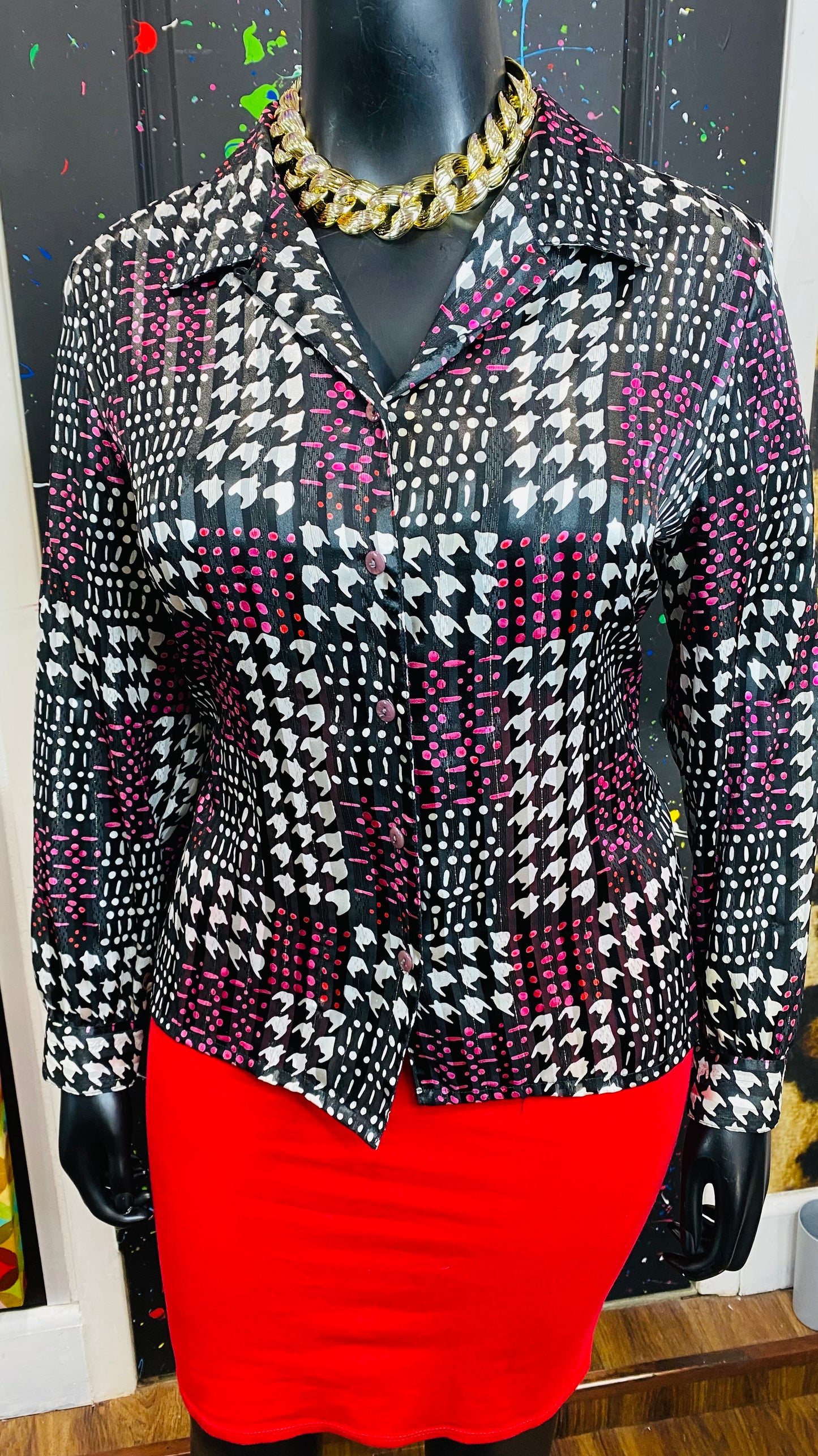 Vintage Sheer Pink Black & White Blouse (18)