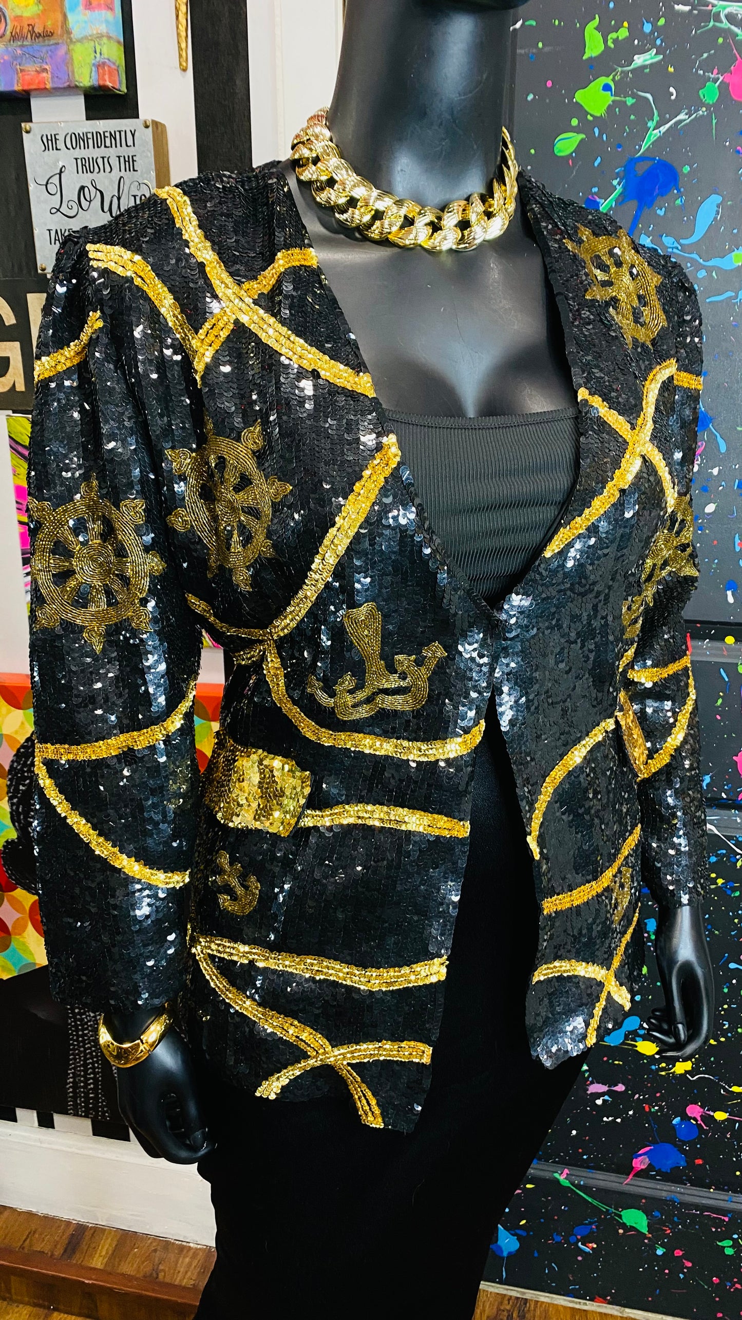 Vintage Sequin Black & Gold Blazer (14)