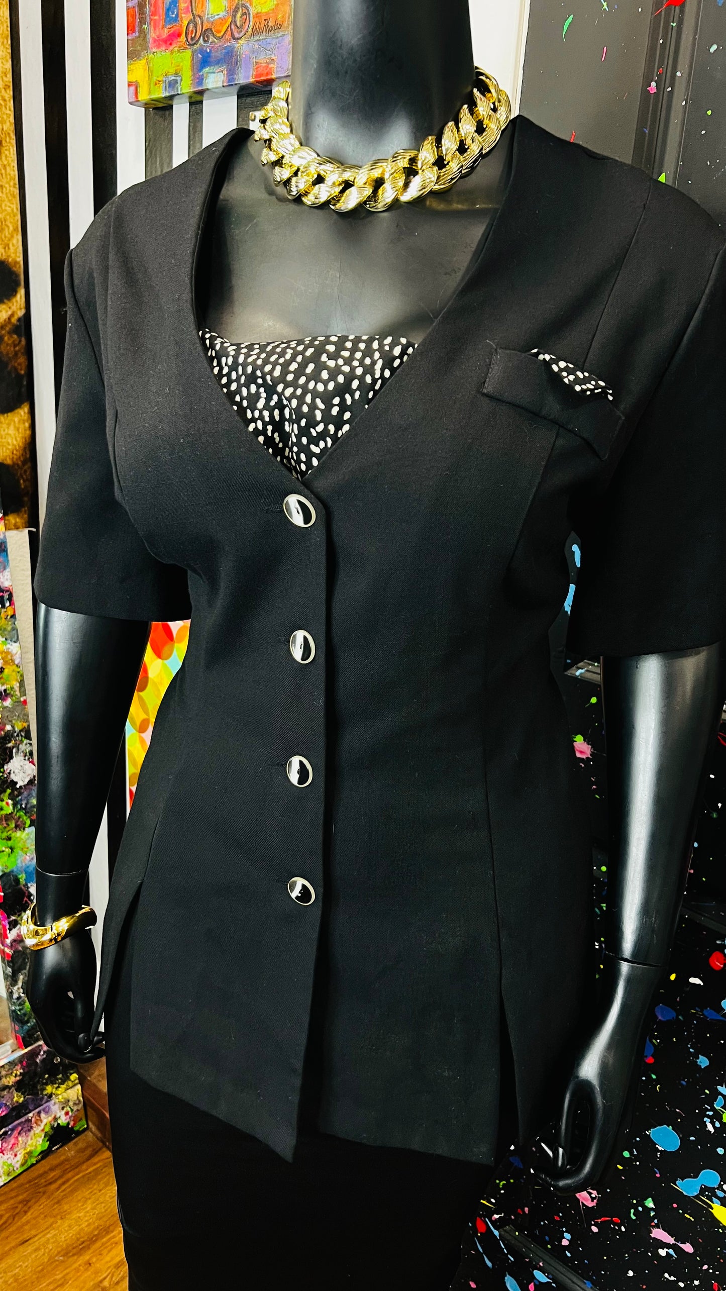 Vintage Black & Polka Dot Blazer Blouse (24W)