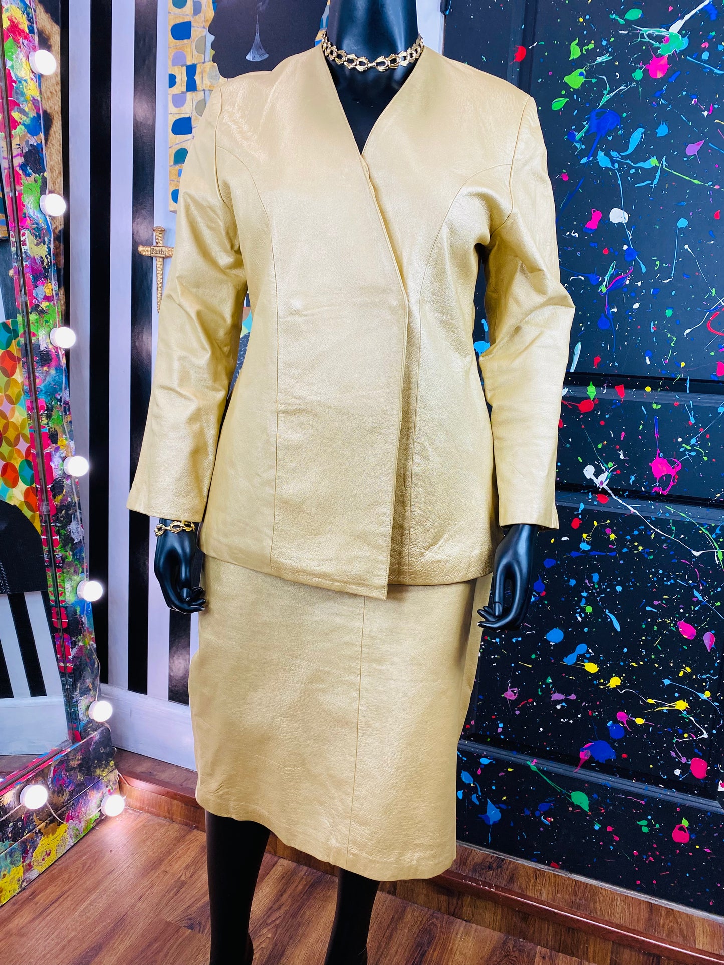 Vintage Gold Leather 2 piece Skirt Set