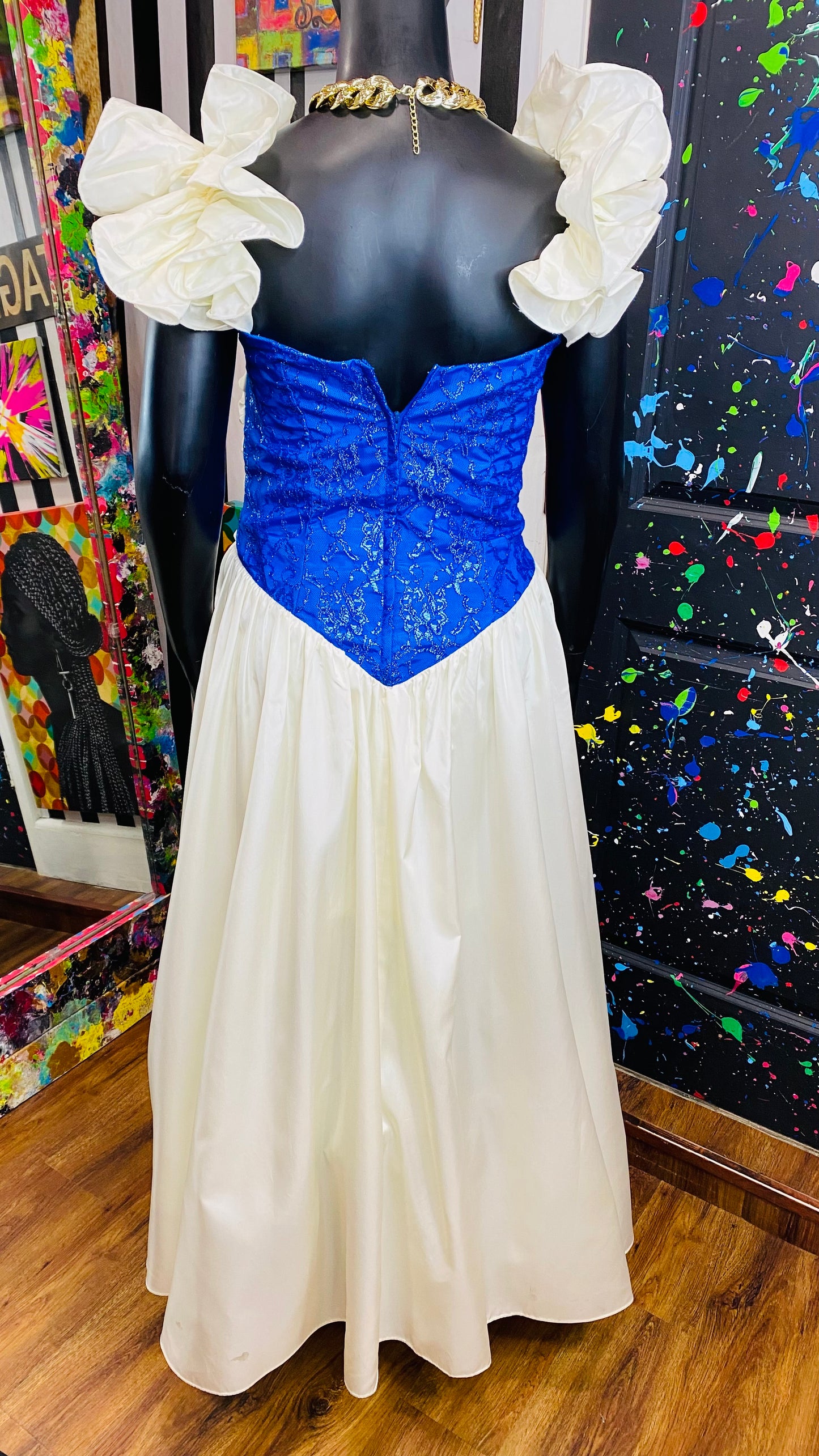 Vintage Blue & Off White Wedding Gown (18) Fits Like a Modern 12/14