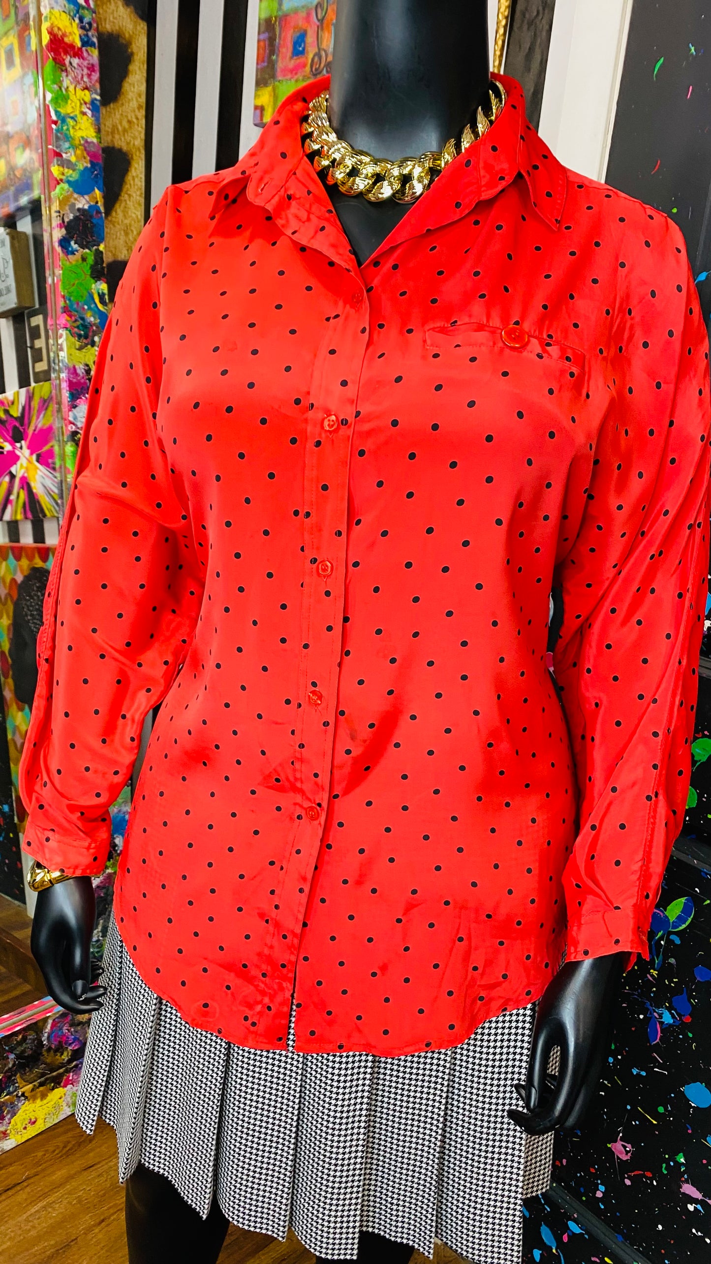 Vintage Red & Black Polka Dot Blouse (20)