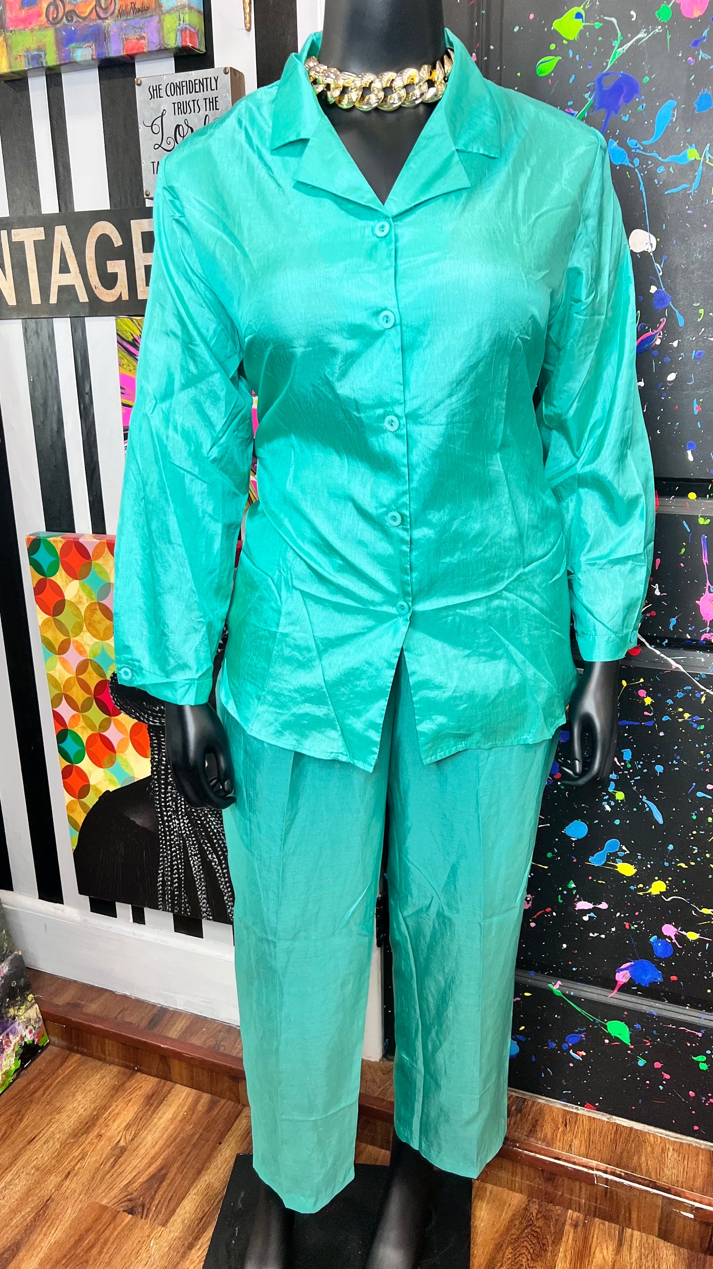 Vintage Teal Polyester Light Weight Pants Set (16/18)