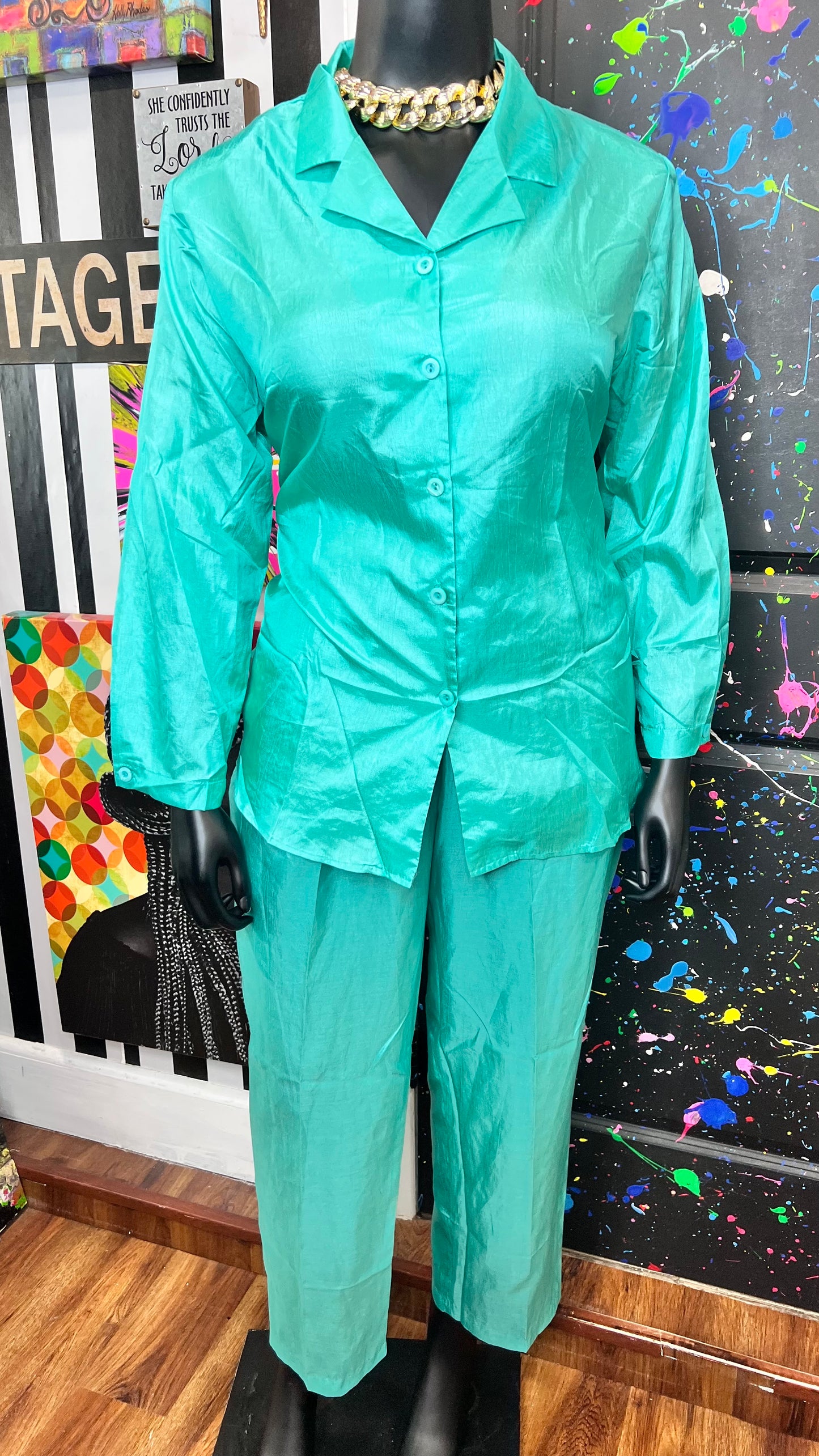Vintage Teal Polyester Light Weight Pants Set (16/18)