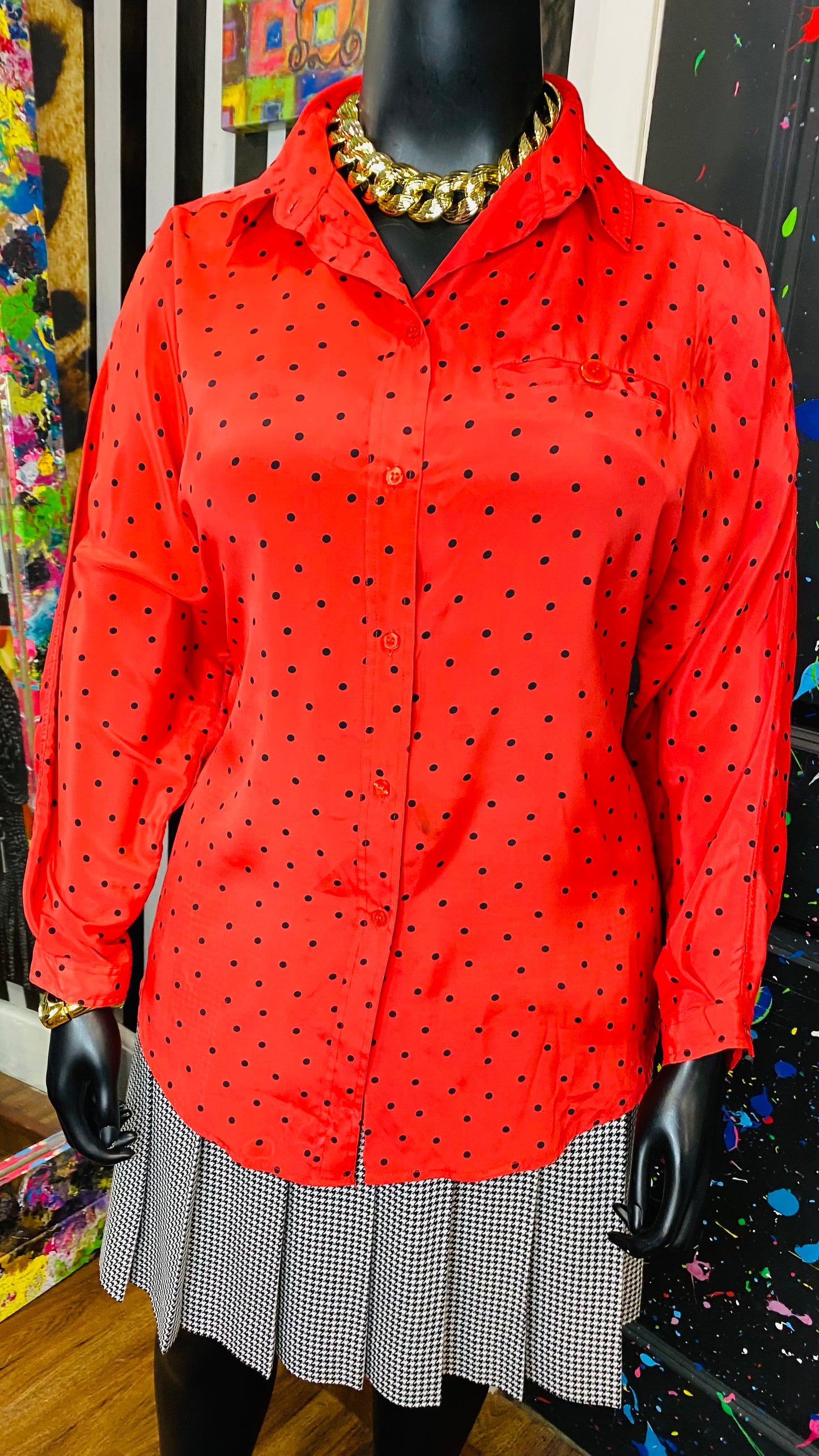 Vintage Red & Black Polka Dot Blouse (20)