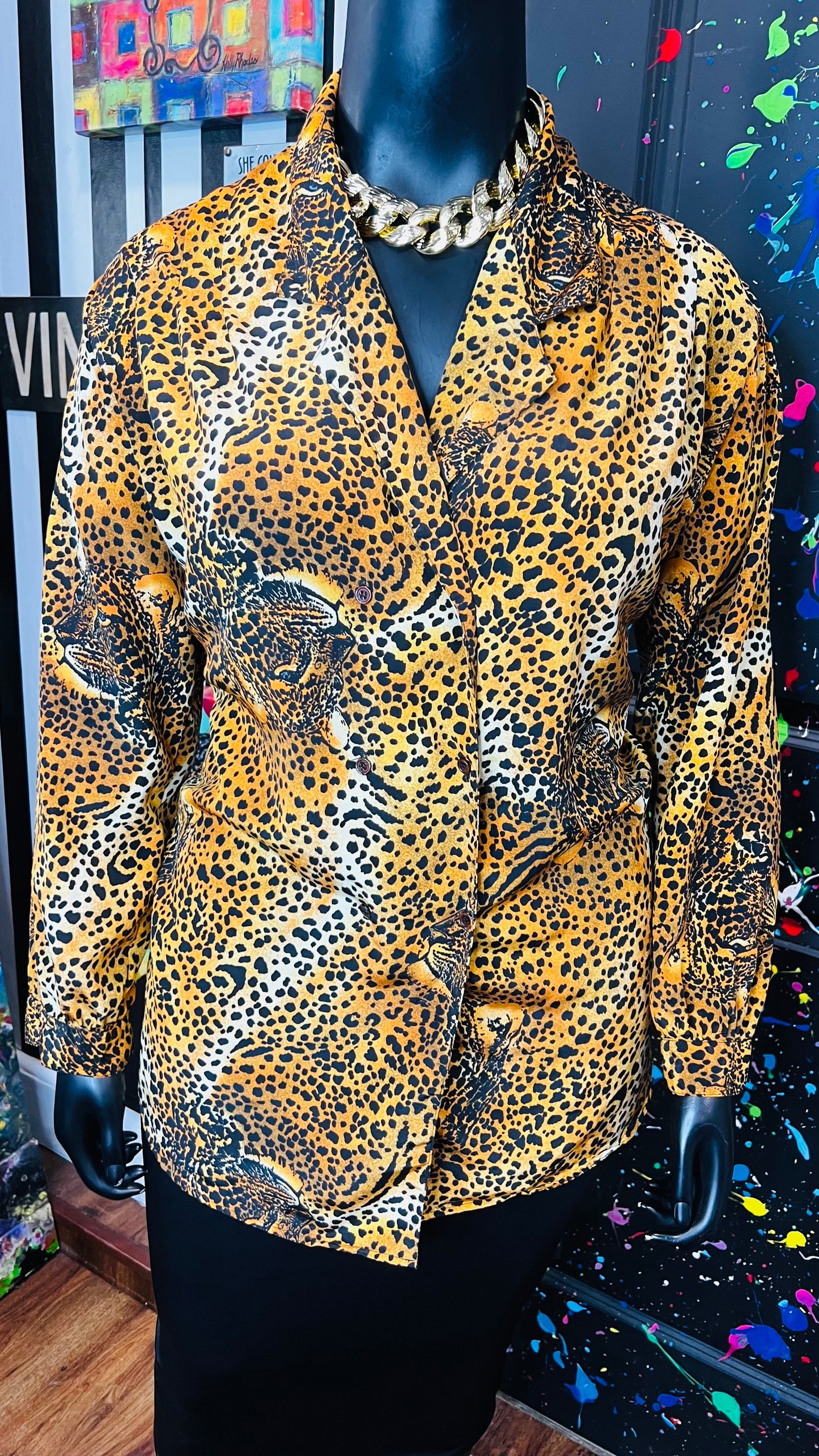 Vintage Dounle Breasted Leopard Print Blouse