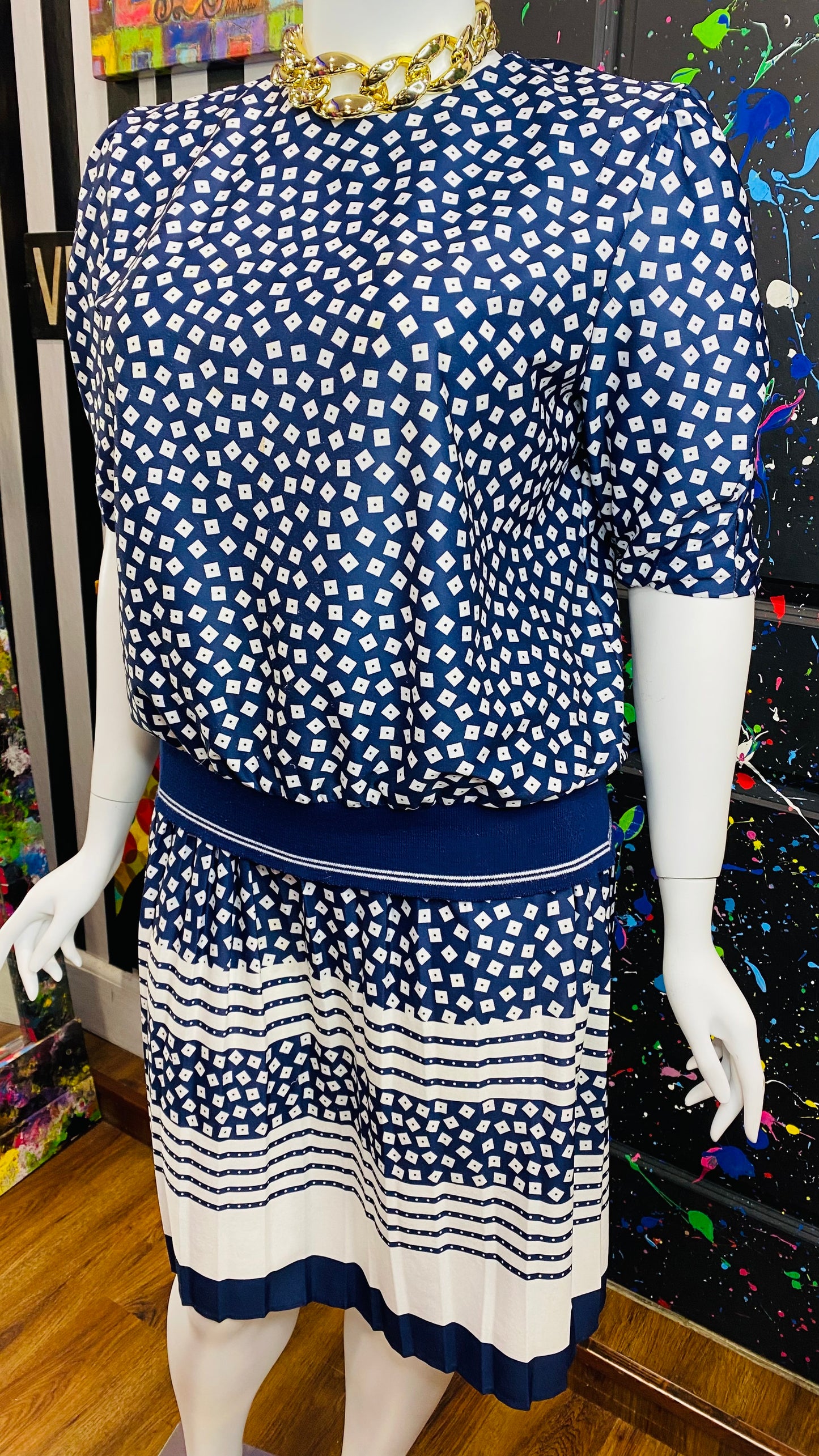 Vintage Navy Blue Polka Dot & Squares Skirt Set (18)