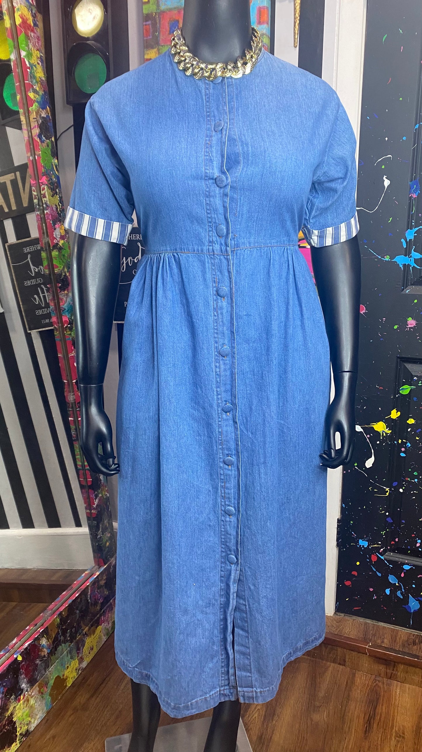 Vintage Denim Striped Sleeve Dress (12)