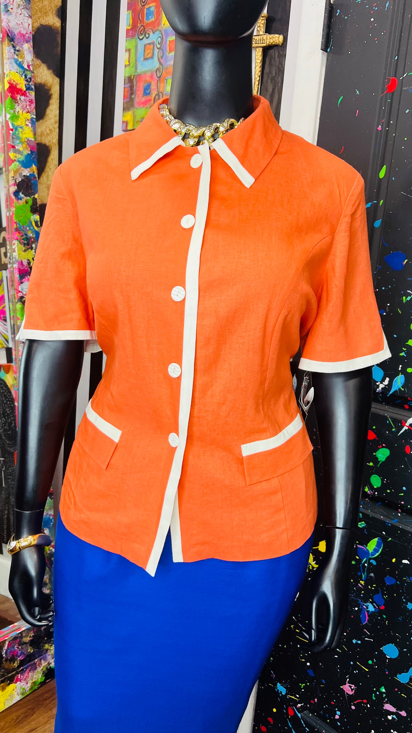 Vintage Deadstock Orange & White Blazer Blouse (20W)