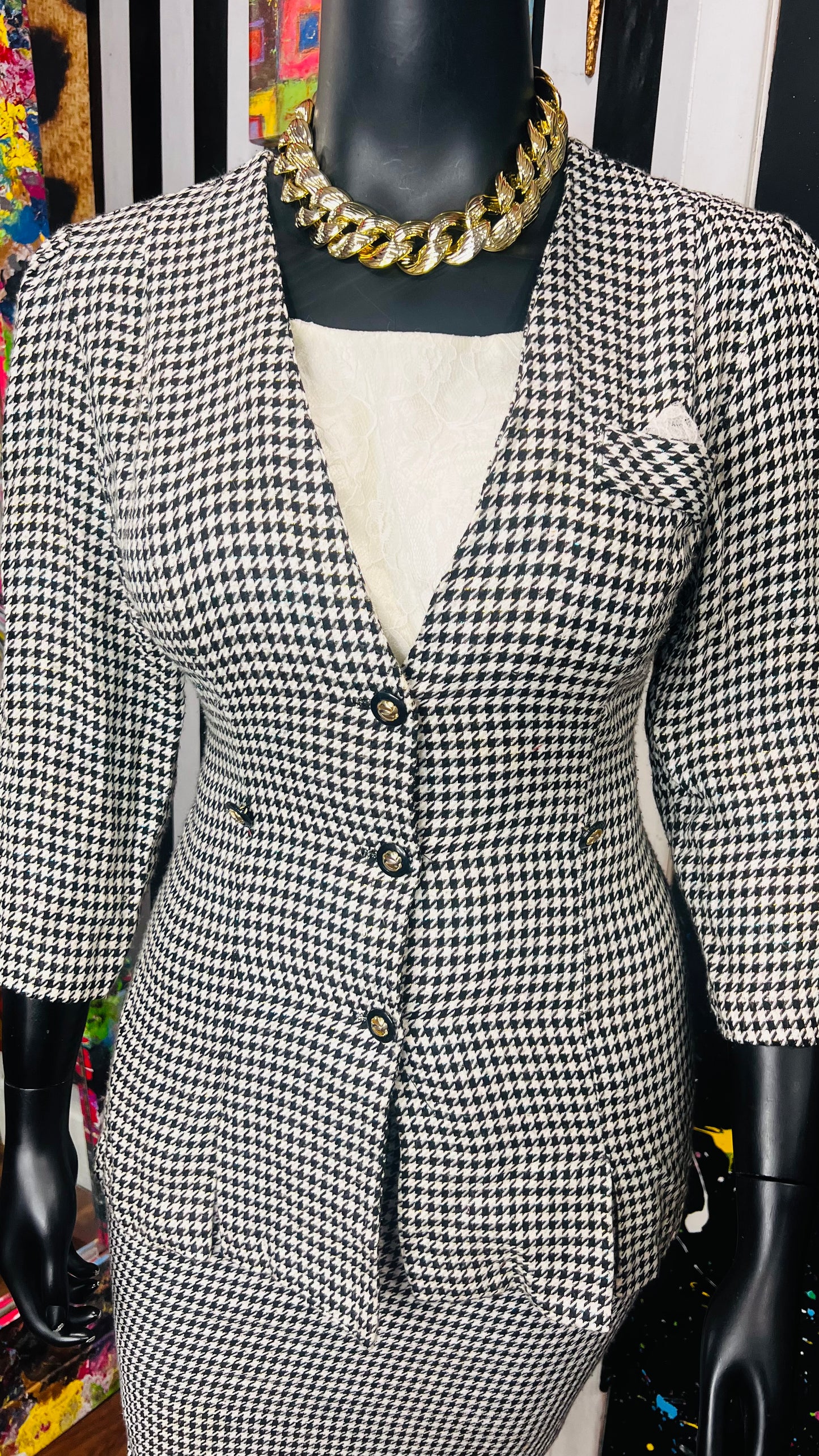 Vintage Sparkle & Lace Houndstooth Skirt Suit (18)