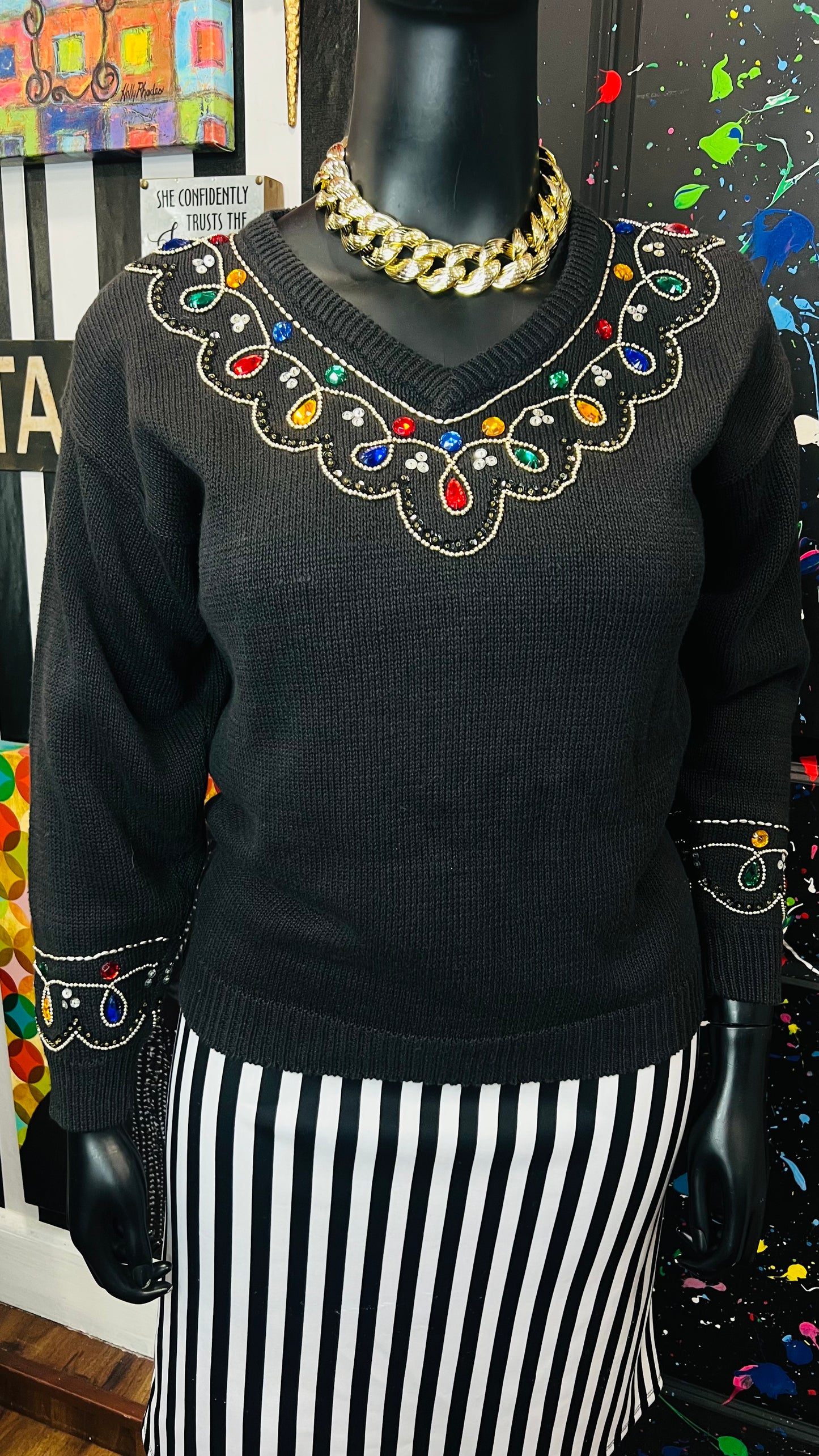 Vintage Black Knit Jeweled Sweater (16)