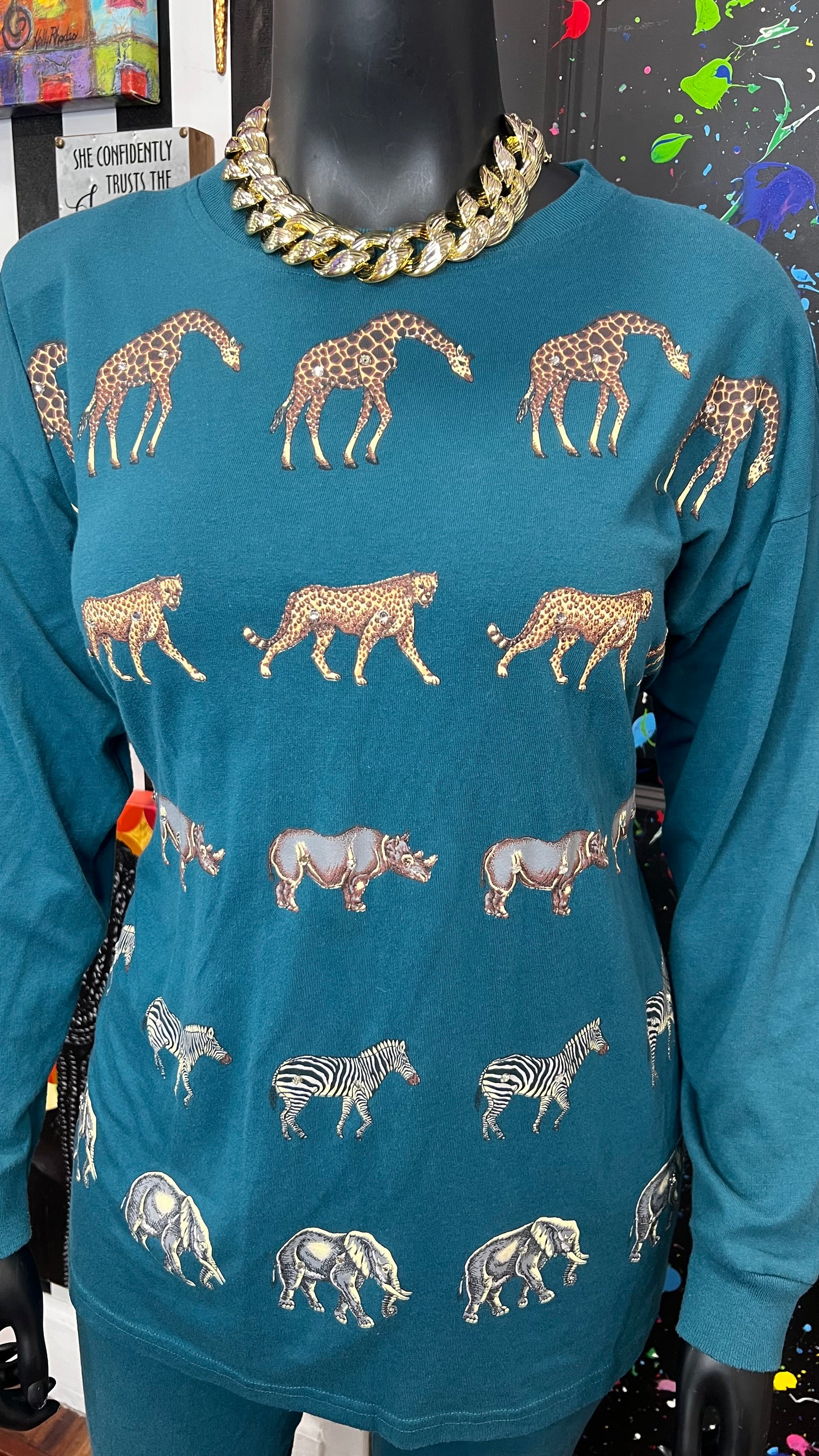 Vintage Cotton Animal Print & Jewel Top Pants Set