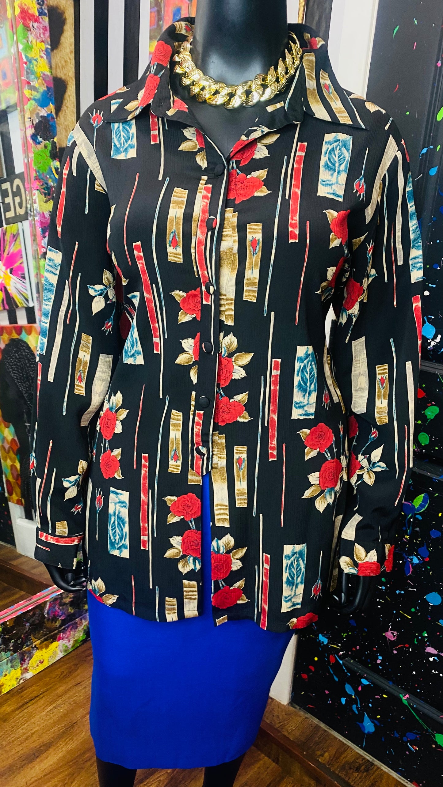 Vintage Black Blue & Red Rose Blouse (22)