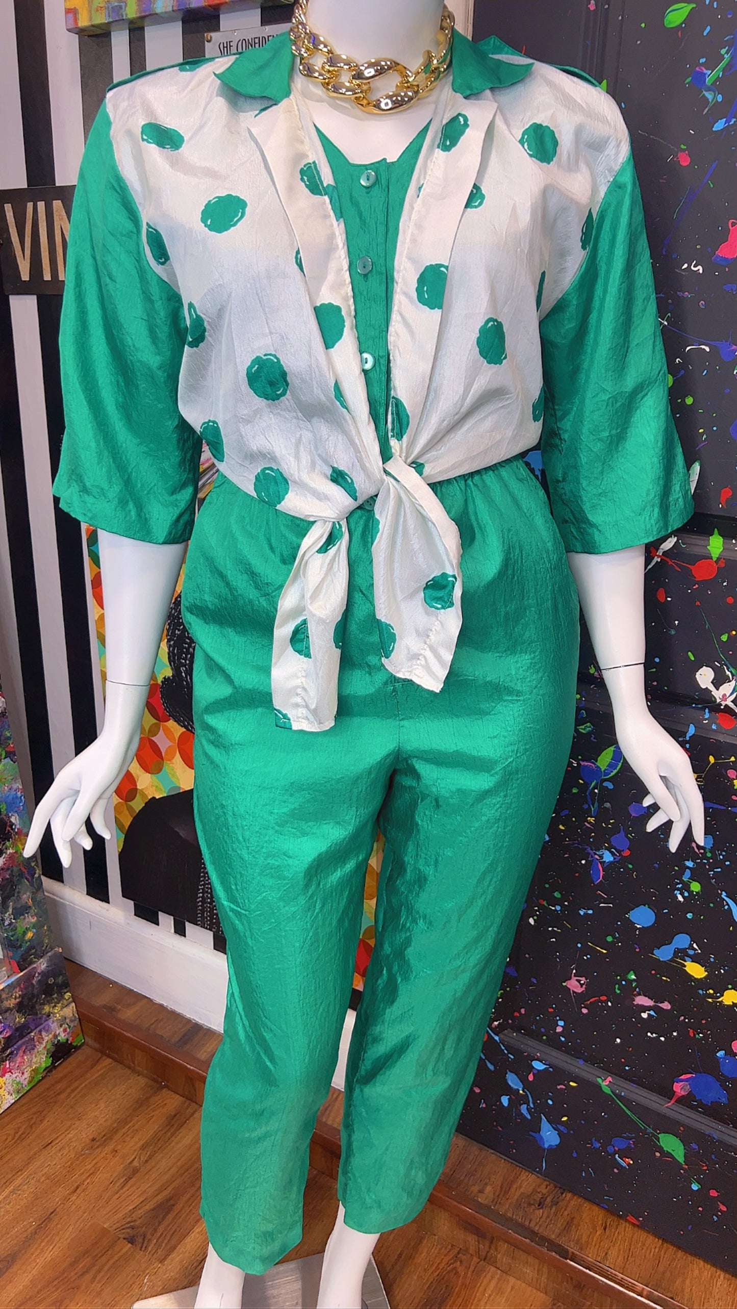 Vintage Green Jumpsuit w/ White & Green Polka Dots (14W)