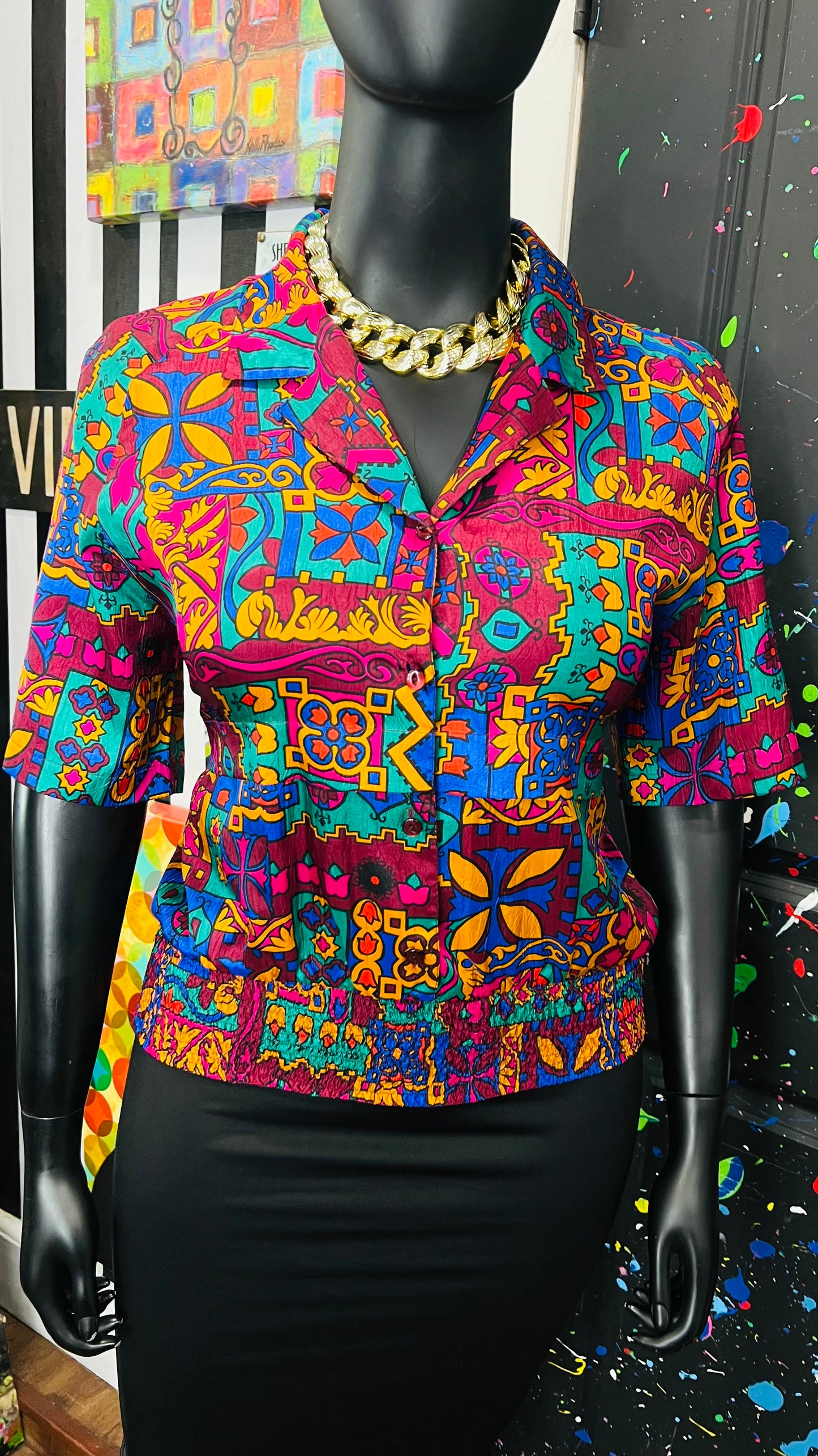 Vintage Abstact Elastic Waist Blouse (16)