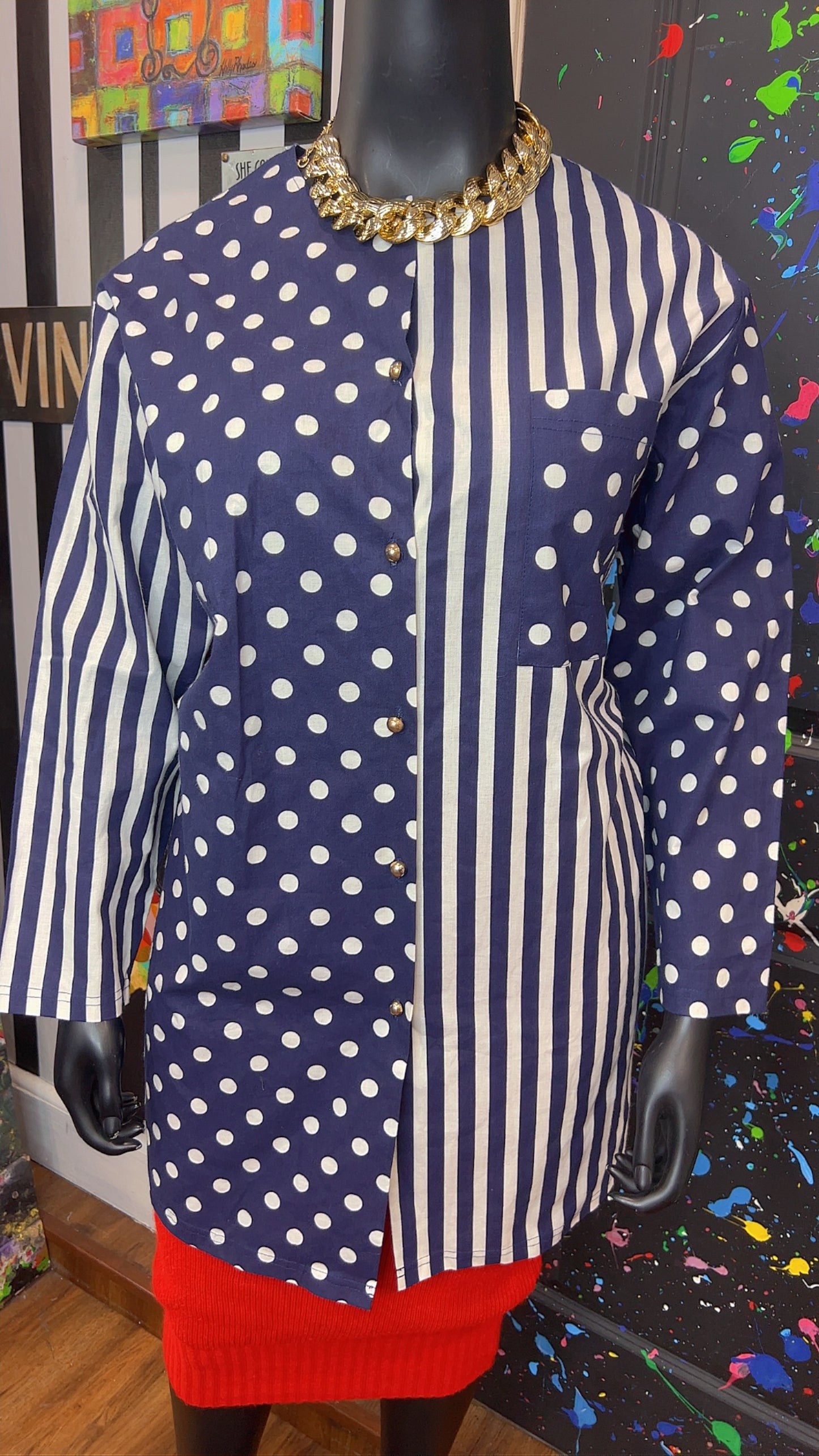 Vintage Navy Blue & White Mix Print Blouse (16)