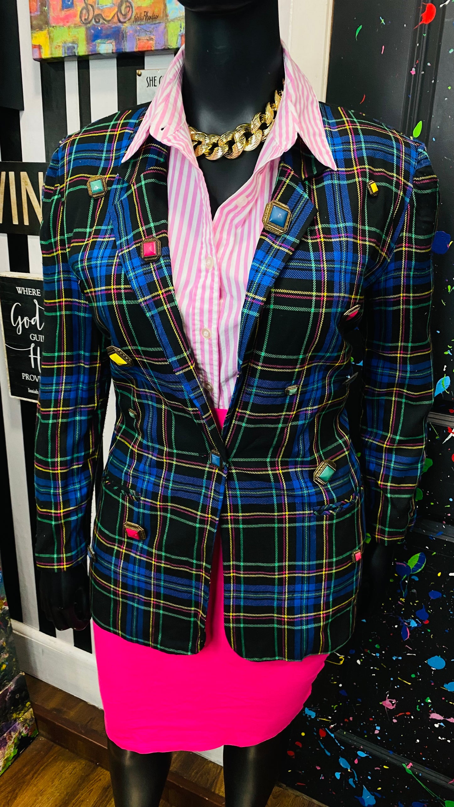 Plus Size Vintage Plaid Button Blazer (14)