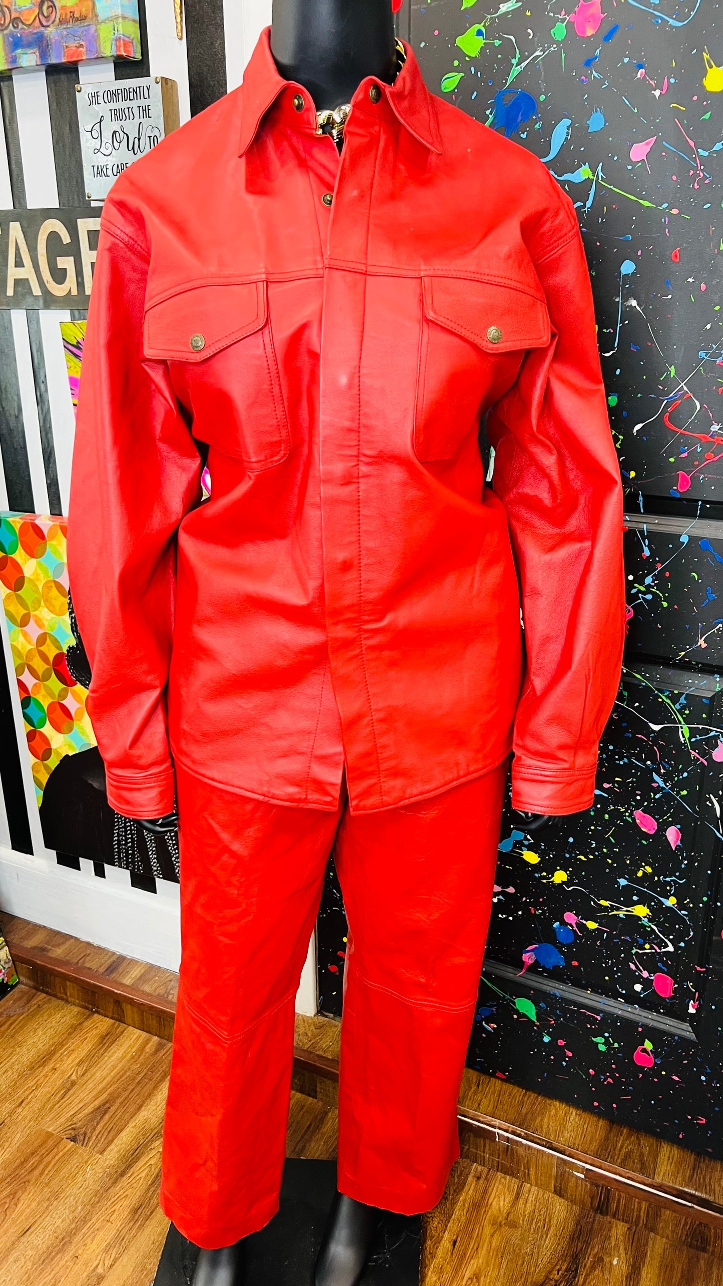 Vintage Red Genuine Leather Pants Set (16/18)