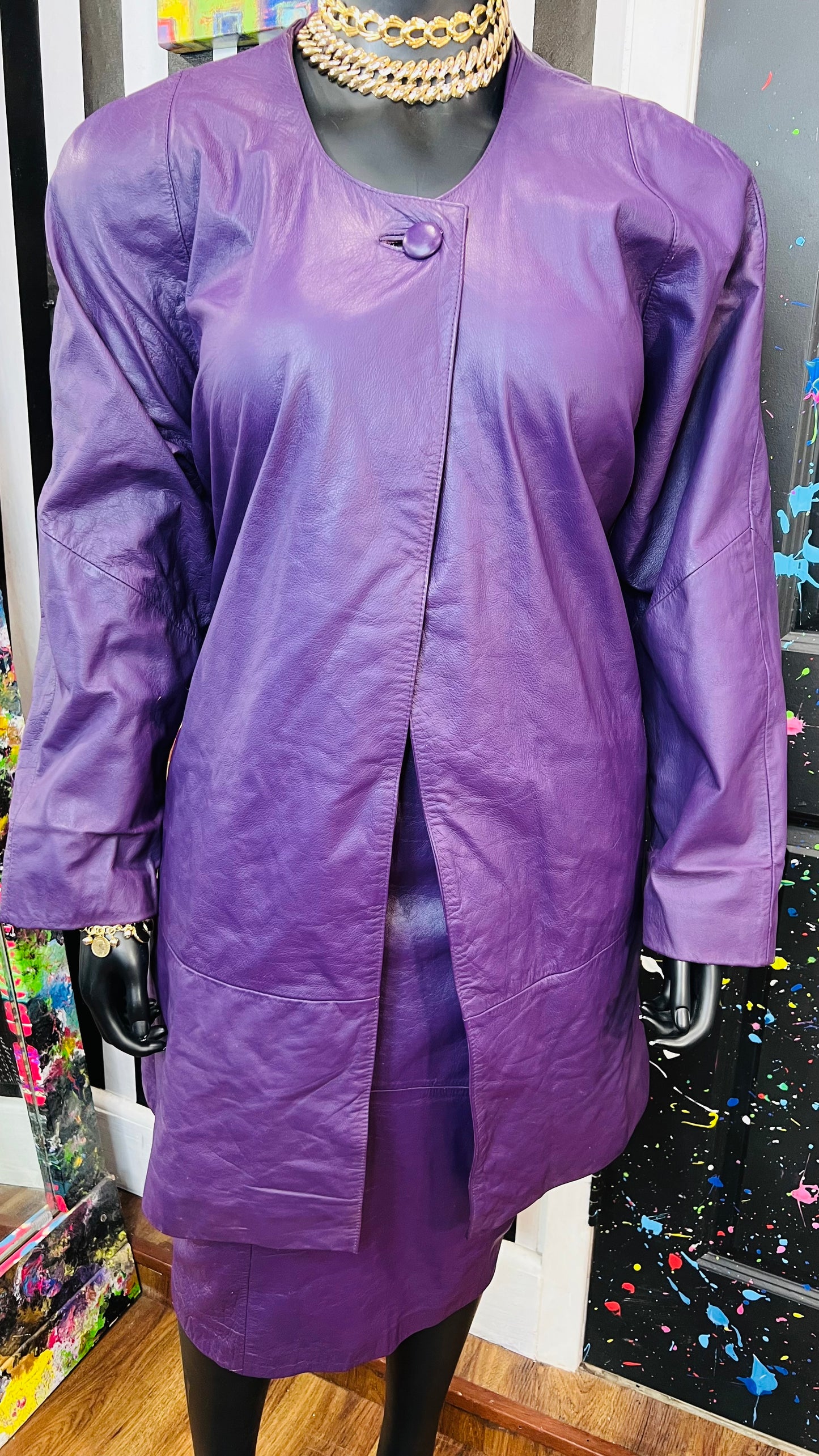 Vintage Genuine Leather Purple Swing Coat & Skirt Set (22)