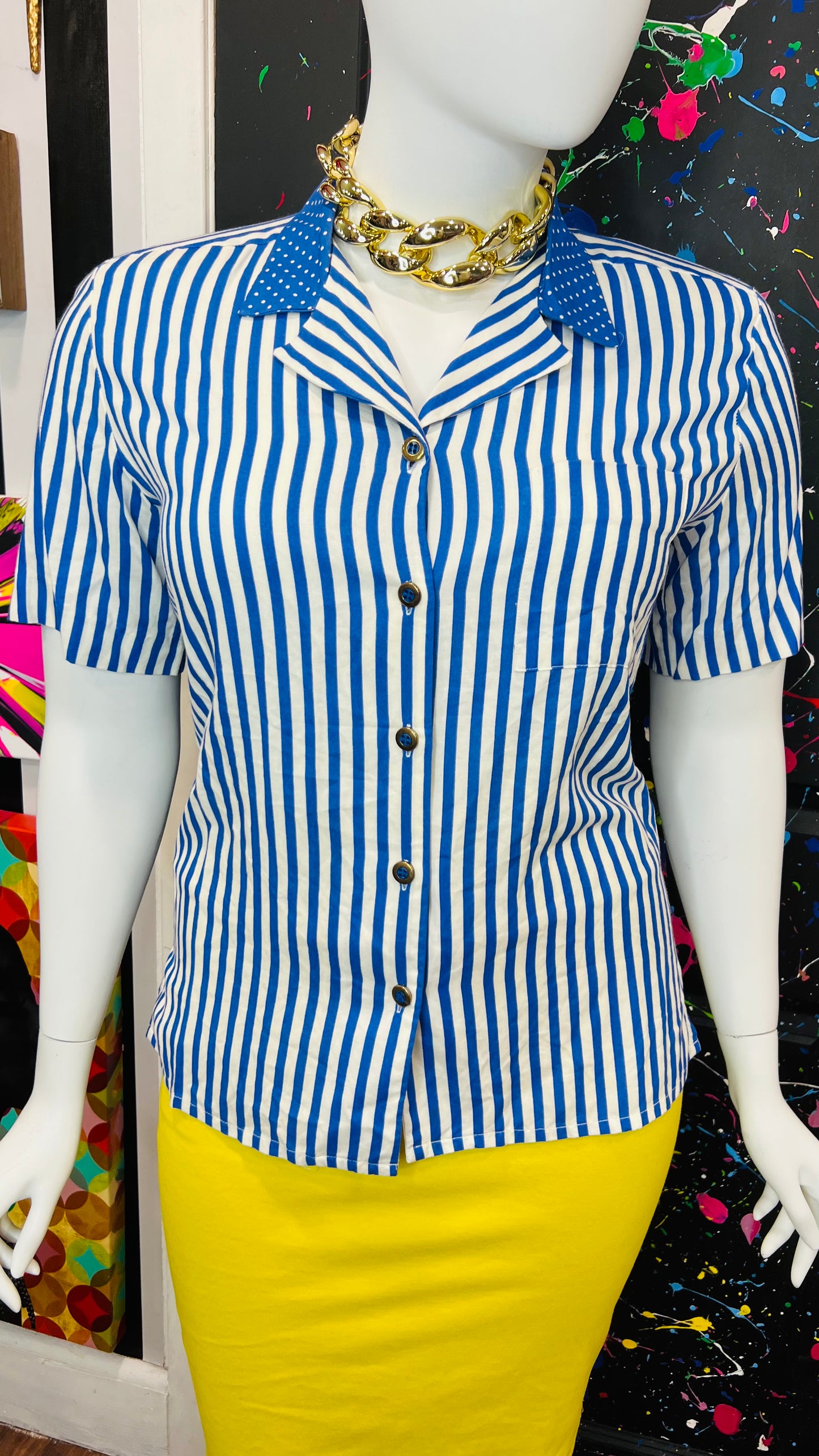 Vintage Blue & White Striped Polka Dot Blouse (14)