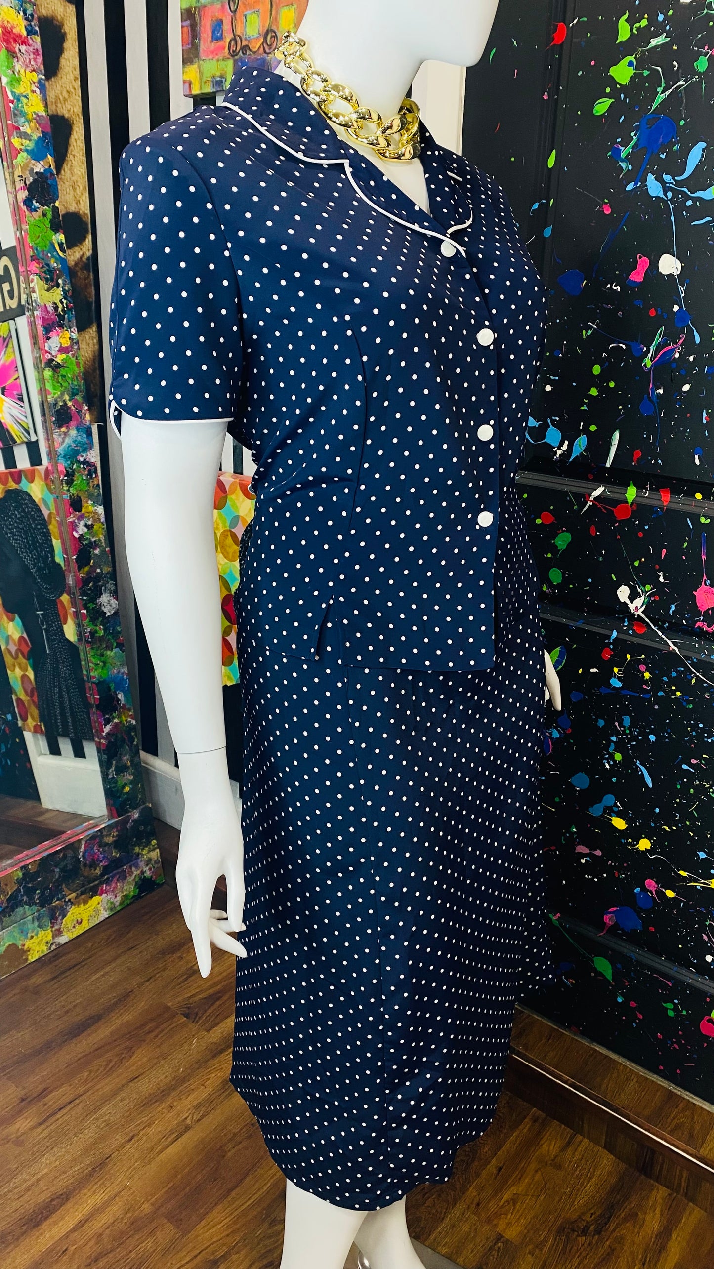 Vintage Navy Blue & White Polka Dot Skirt Set (22)