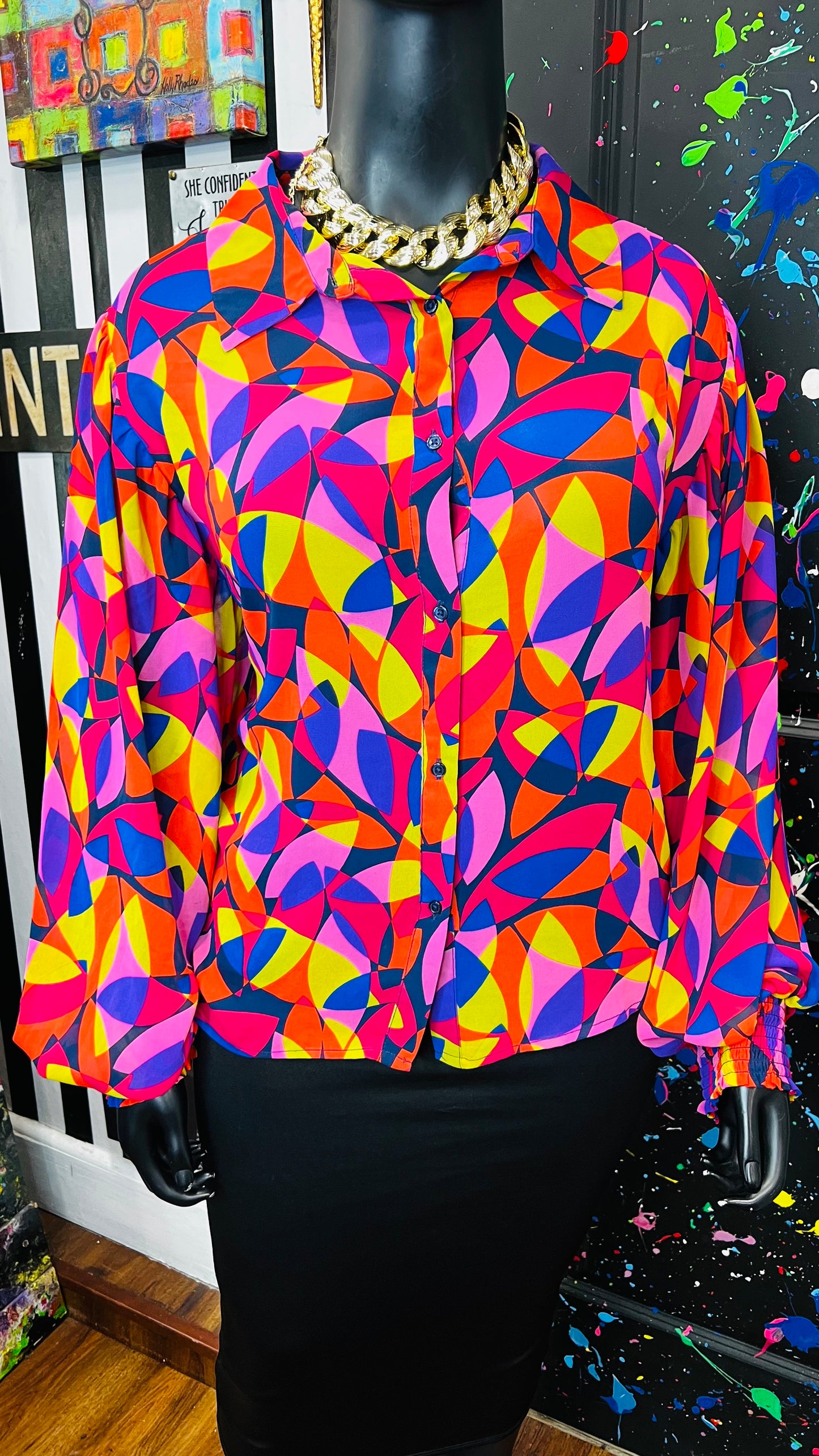 Colorful Balloon Sleeve Blouse (22)