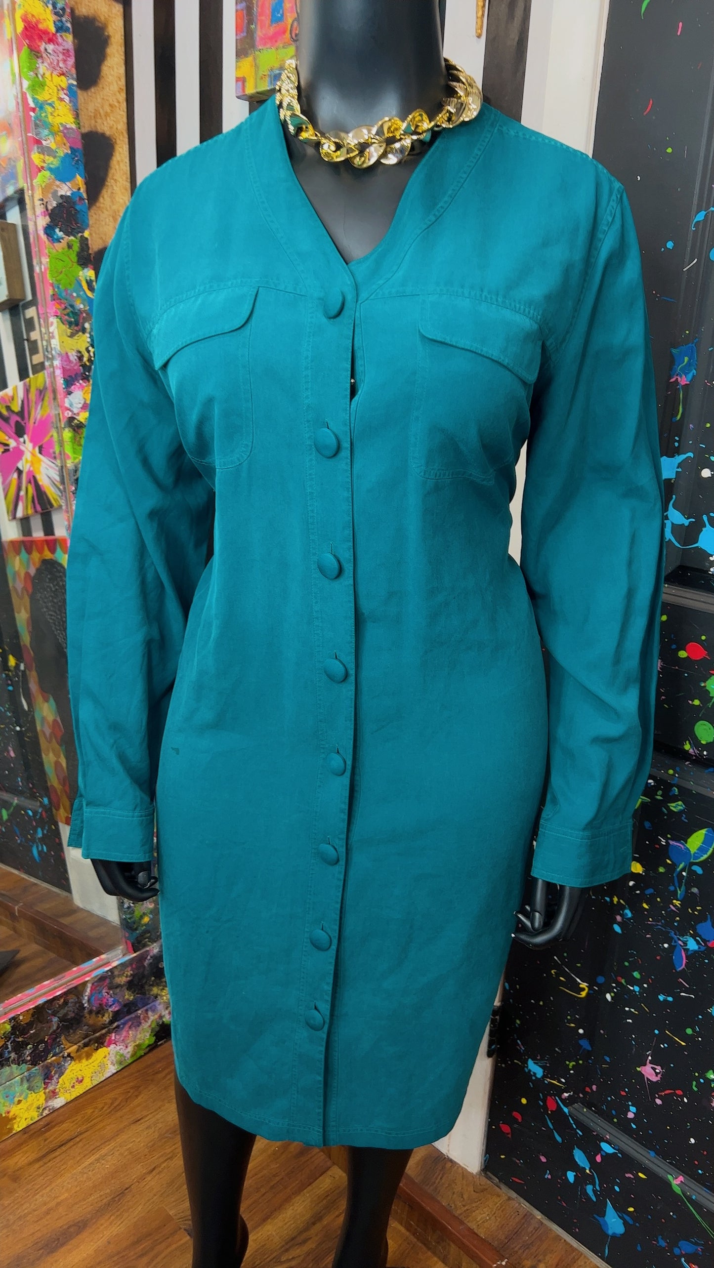 Vintage 100% Silk Teal Dress (18W)