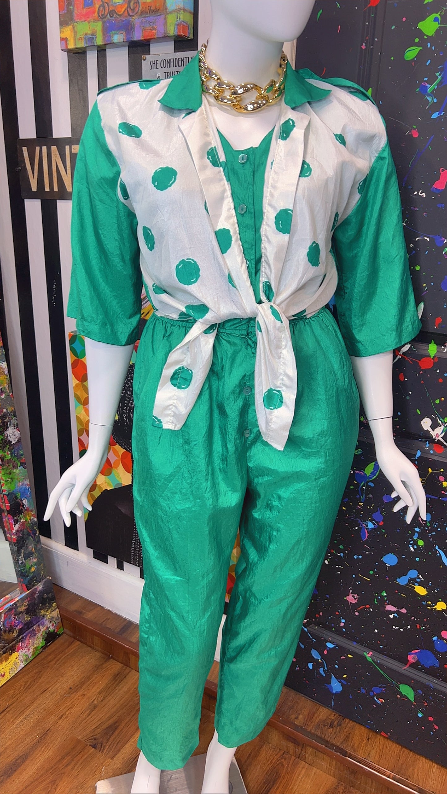 Vintage Green Jumpsuit w/ White & Green Polka Dots (14W)