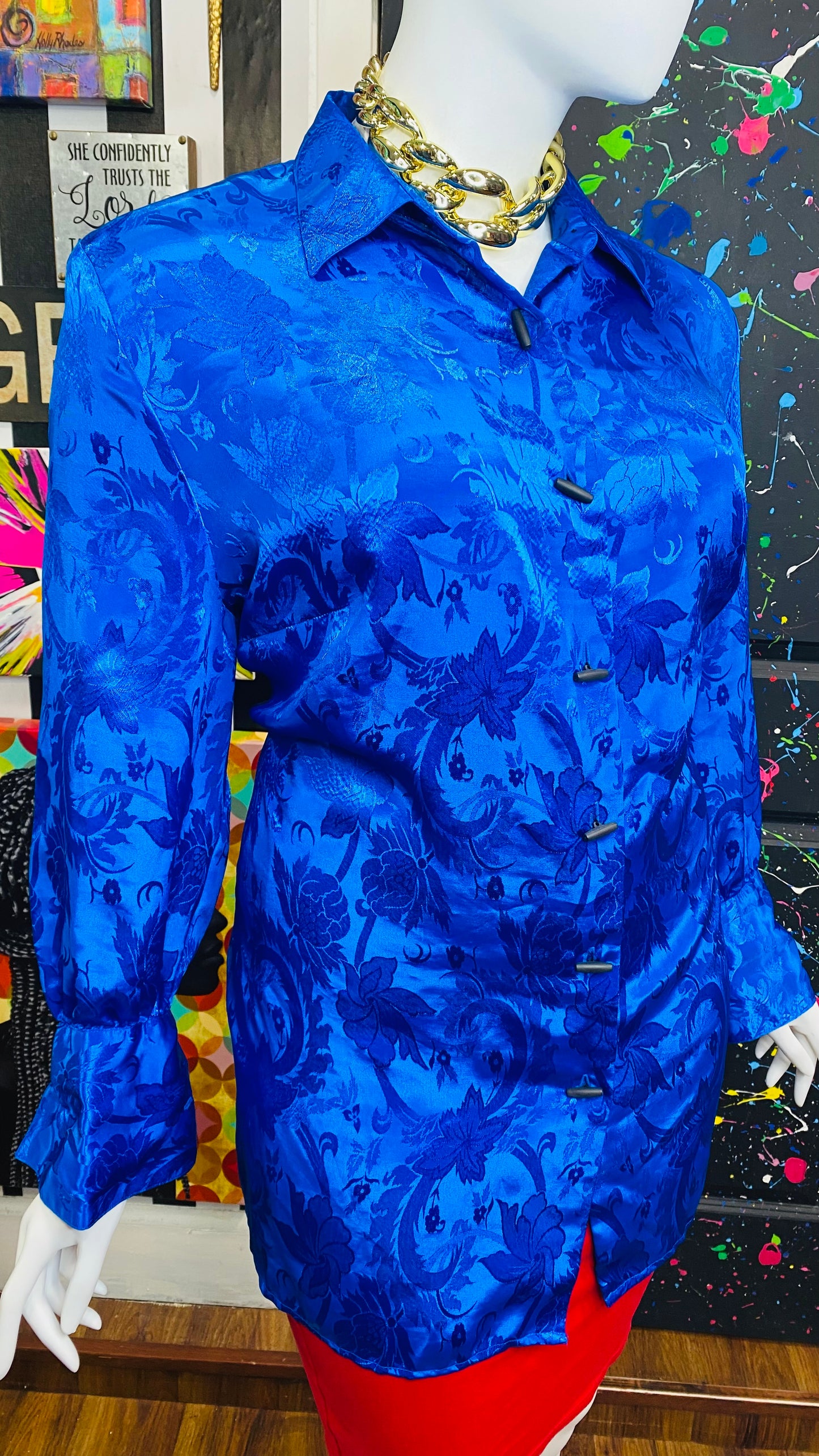 Vintage Solid Blue Paisley Print Blouse (26W)