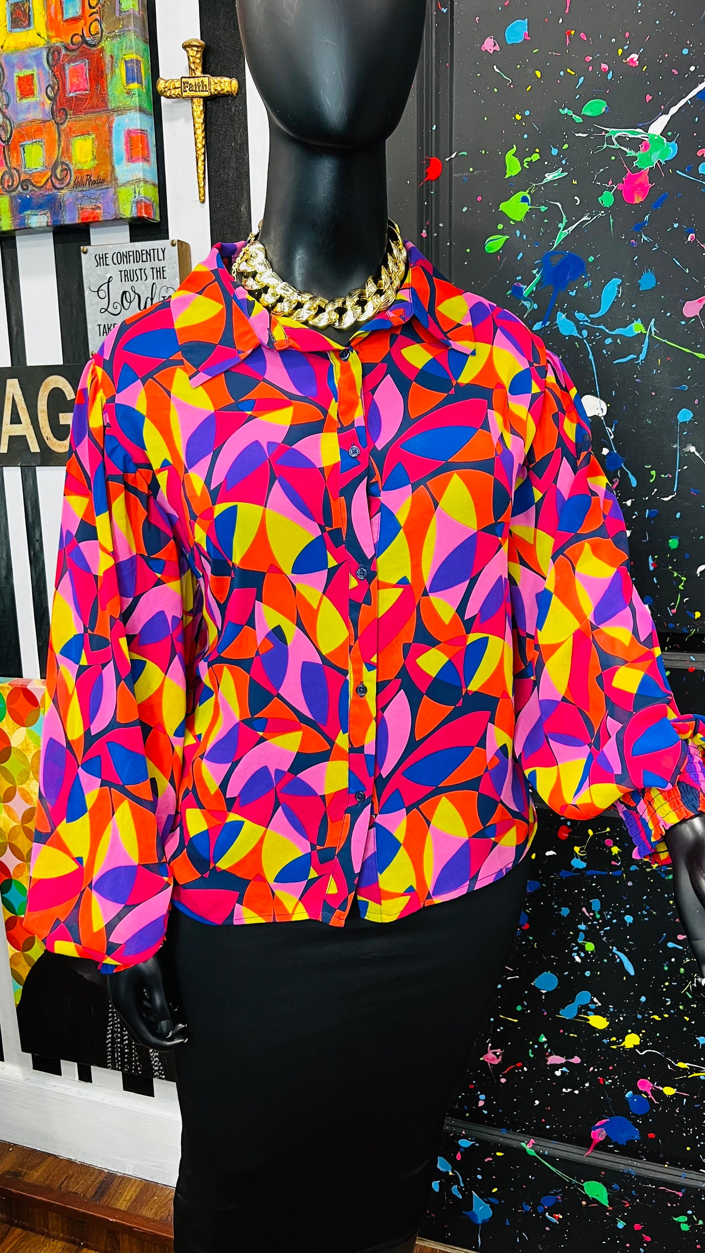Colorful Balloon Sleeve Blouse (22)