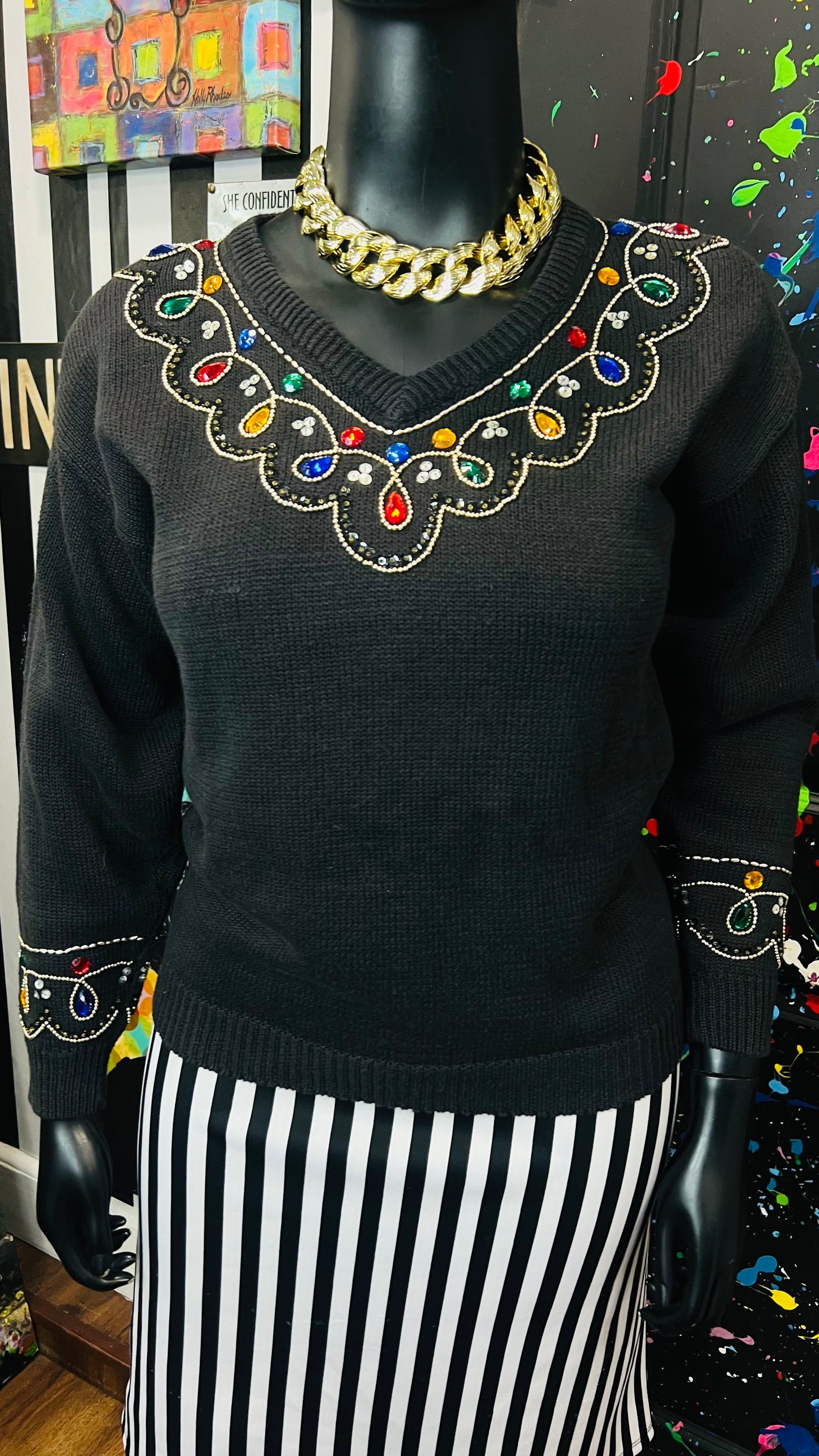 Vintage Black Knit Jeweled Sweater (16)