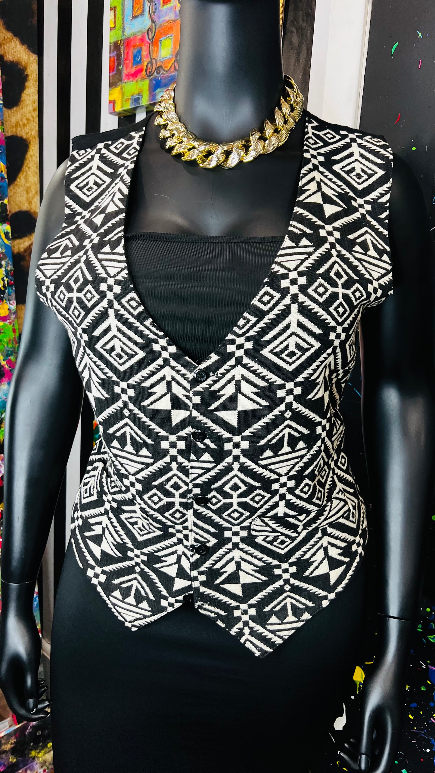 Vintage Black & White Tribal Print Vest (12)